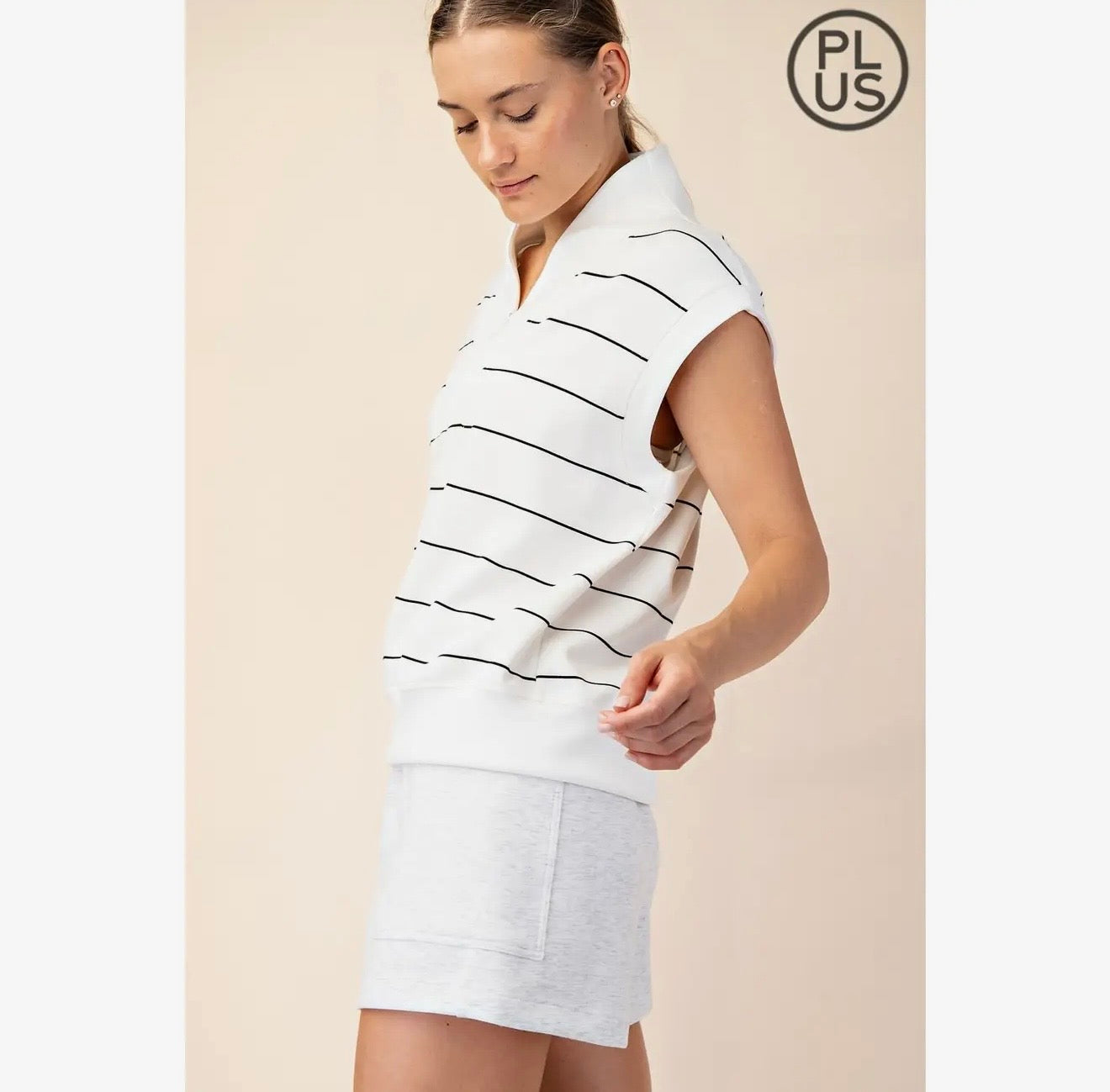 Curvy Modal Scuba Stripe V-neck Sleeveless Top