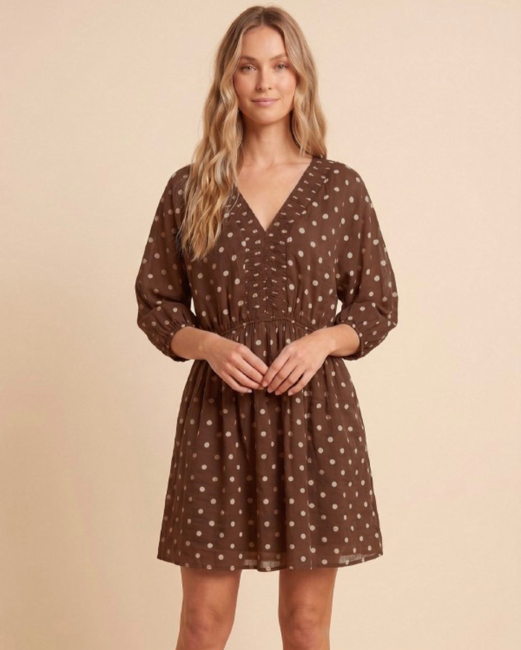 Smocked Neckline Polka Dot Dolman Dress