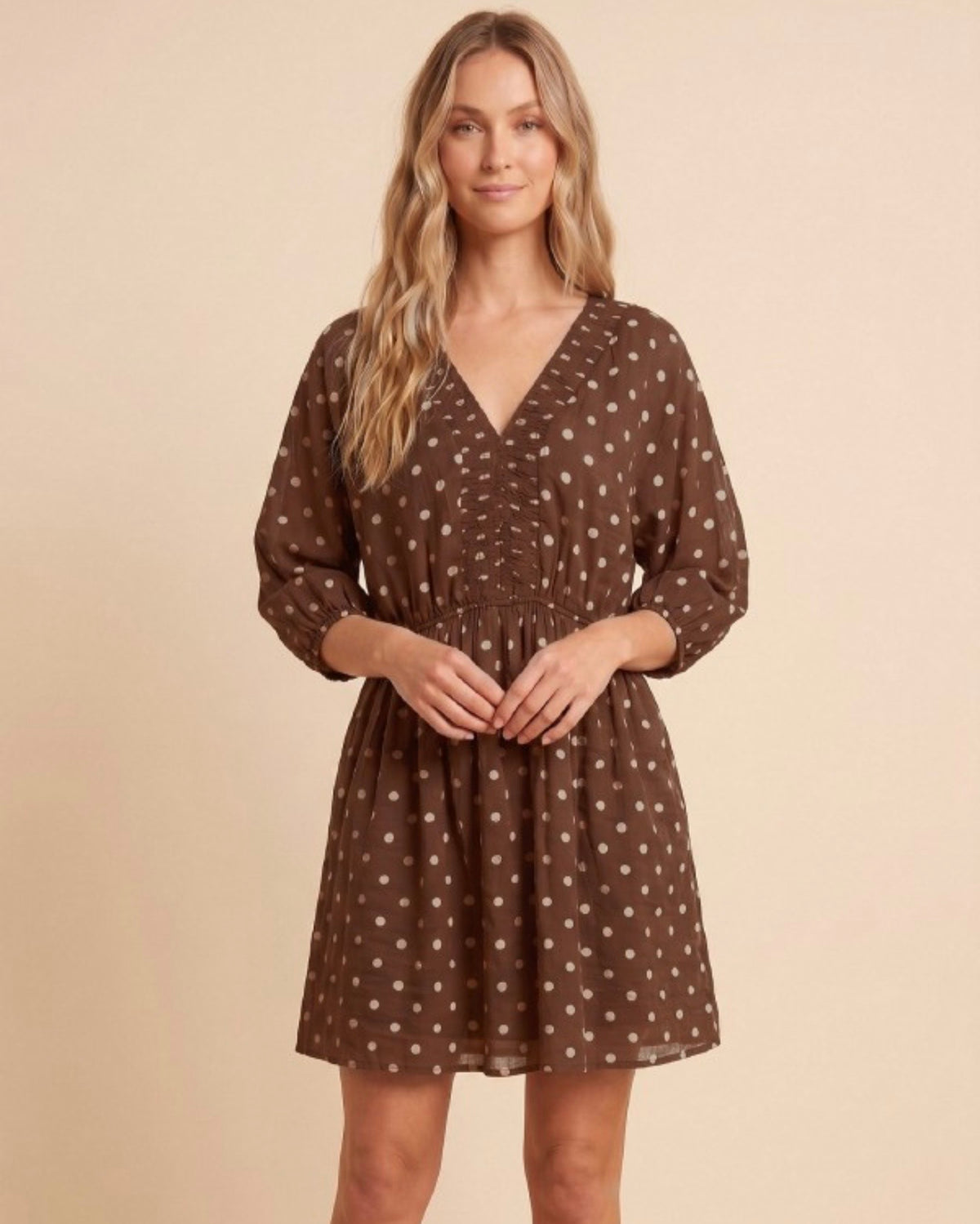Smocked Neckline Polka Dot Dolman Dress