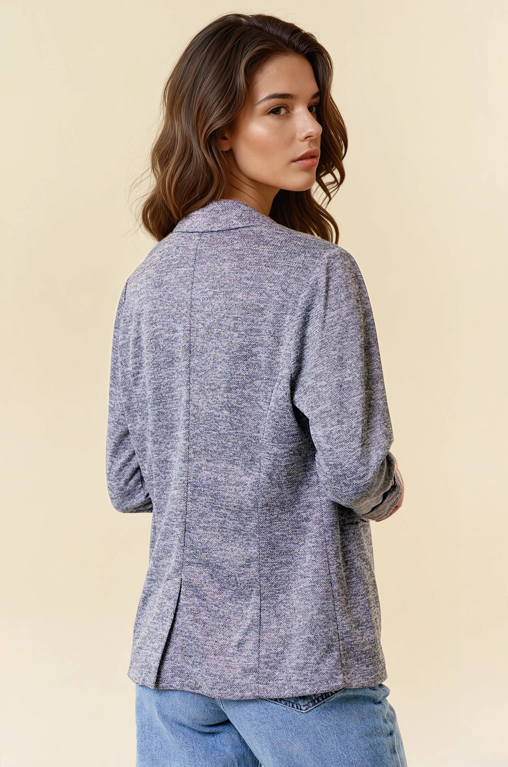 KNIT BLAZER WITH SLEEVE SHIRRING DETAIL