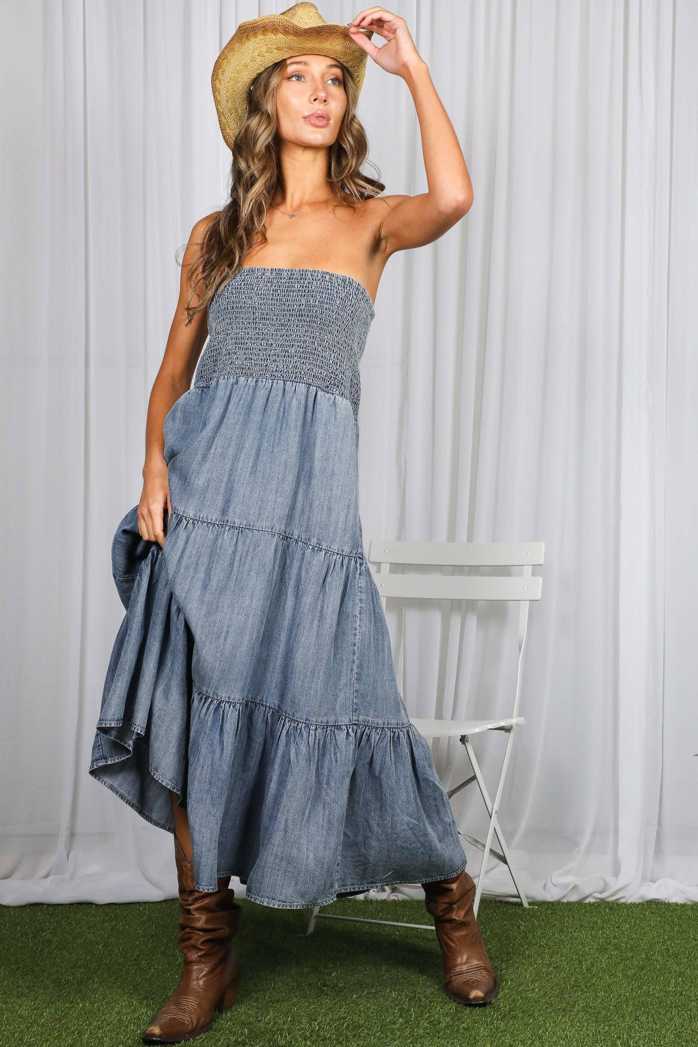 Tube Top Chambray Denim Sleeveless Flowy Pocket Dress