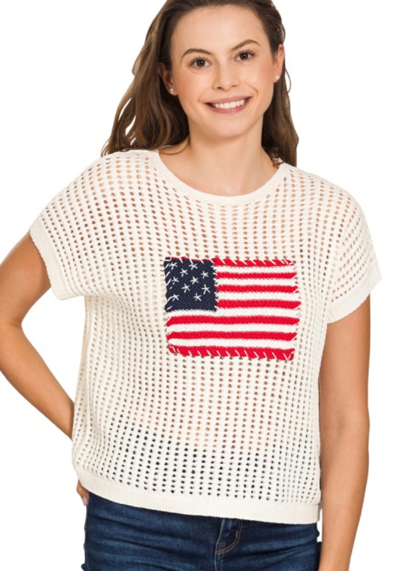 American Flag Cap Sleeve Open Stitch Sweater