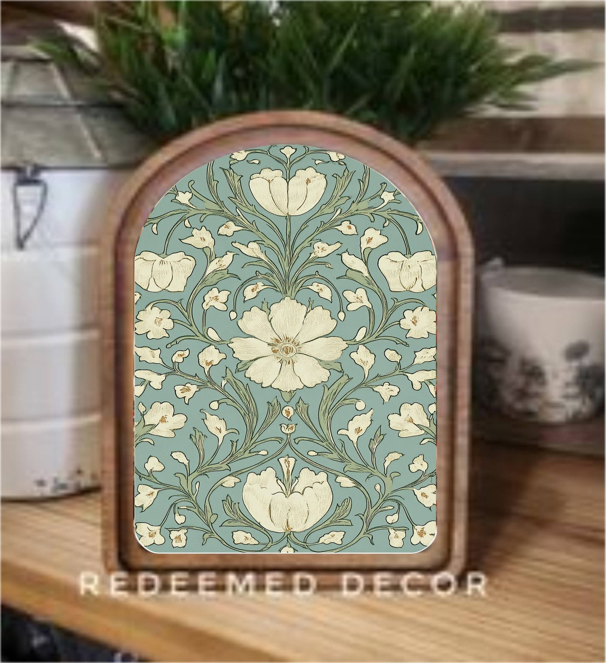 8x11 Arch Top Dusty Blue Floral Framed Art