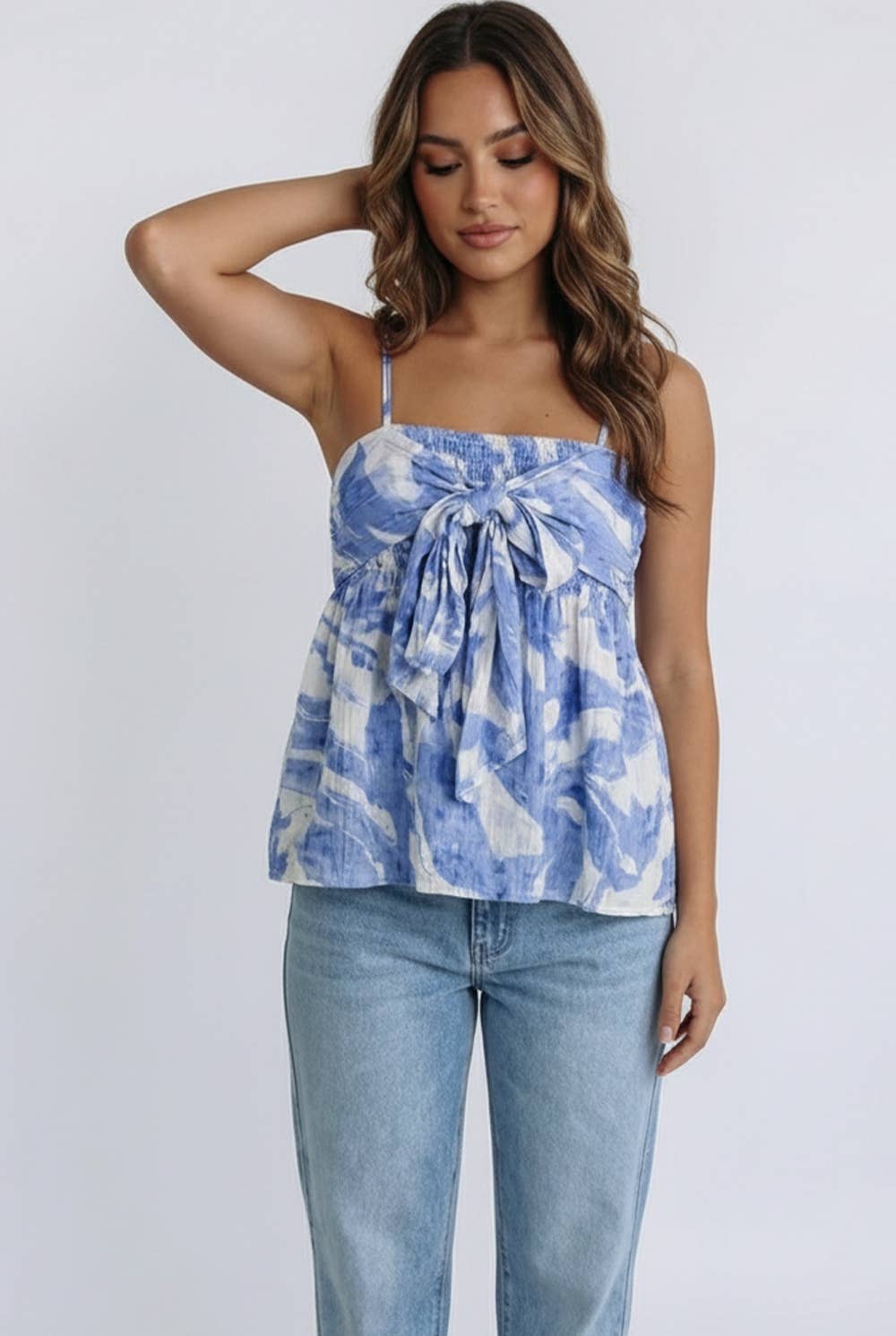 CRINKLE WOVEN SMOCKED CHEST FRONT TIE TOP