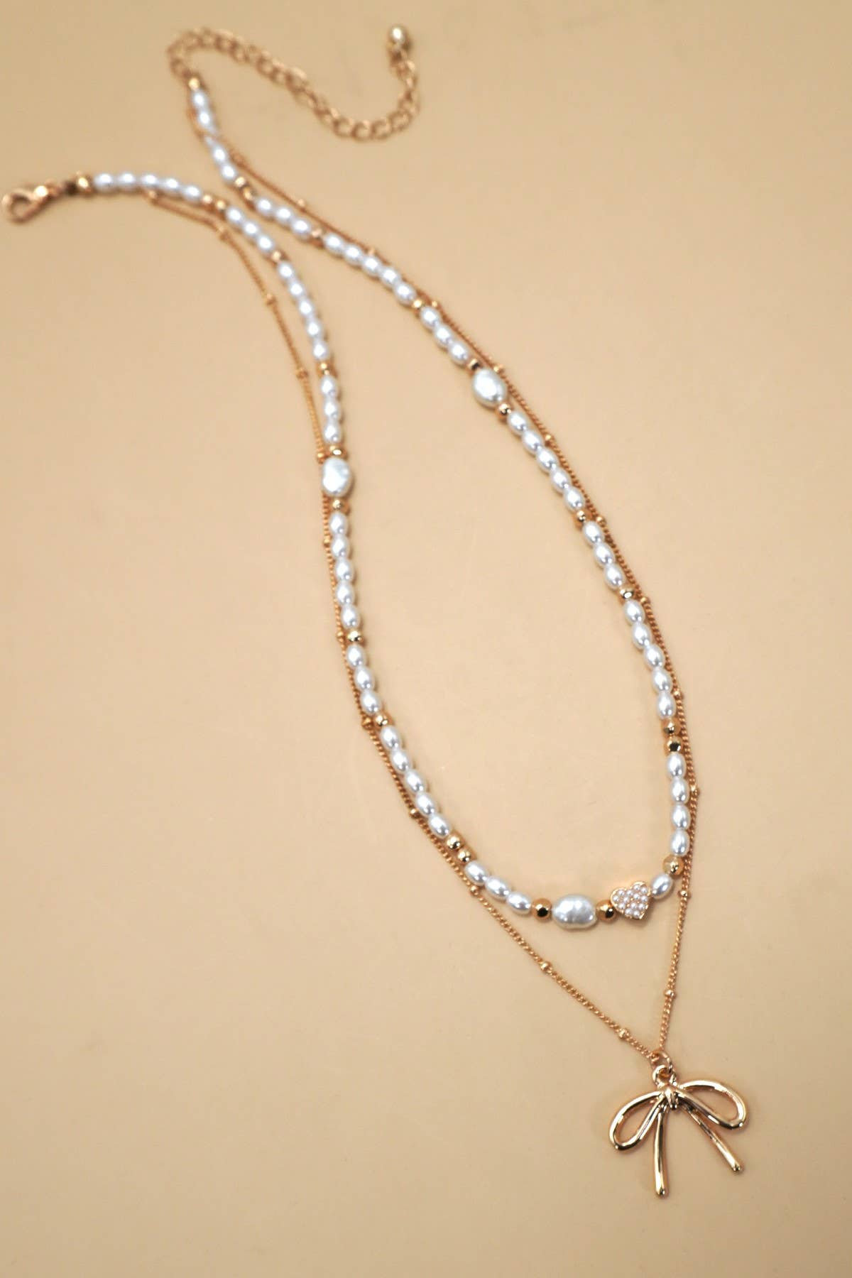 PEARL HEART BOW BALL CHAIN DOUBLE LAYER NECKLACE