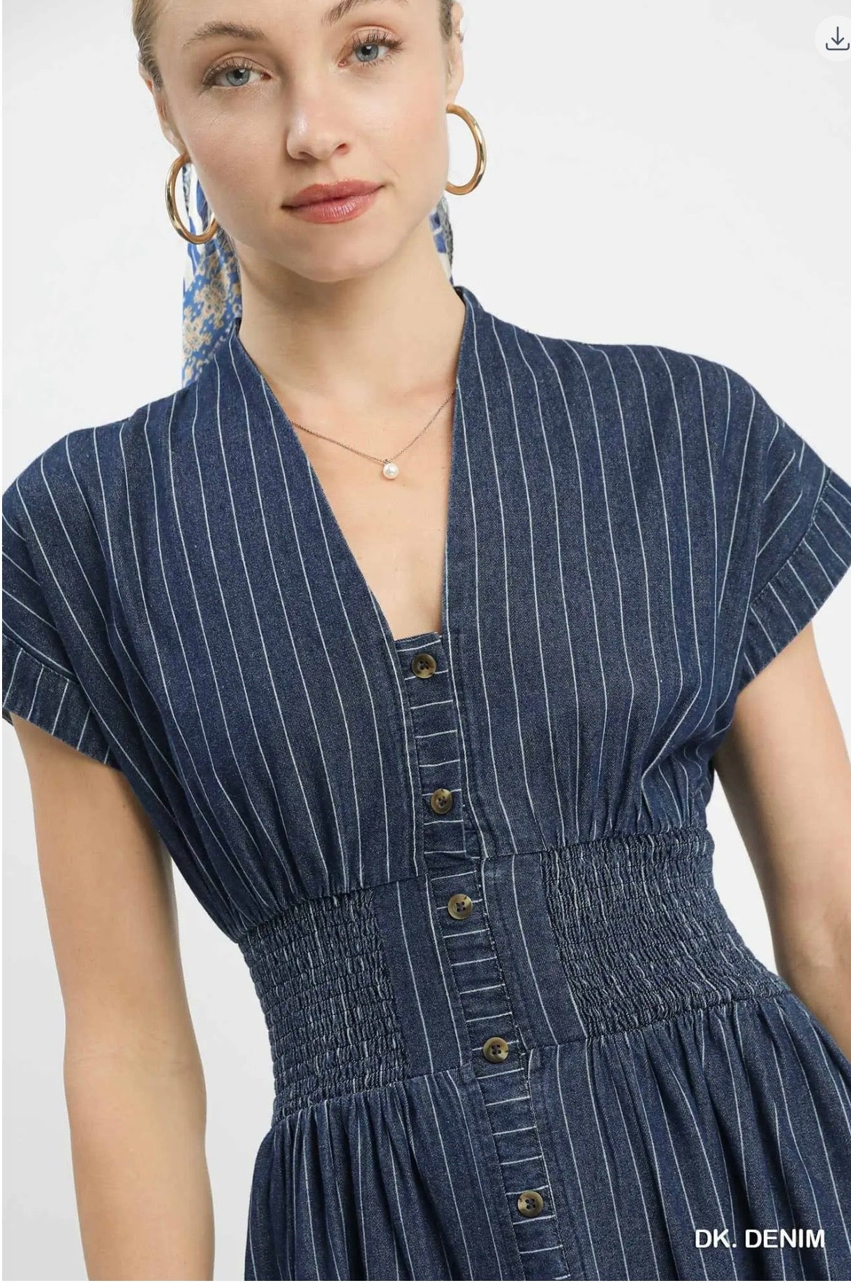 Pinstripe Smocked Waist Denim Midi Dress