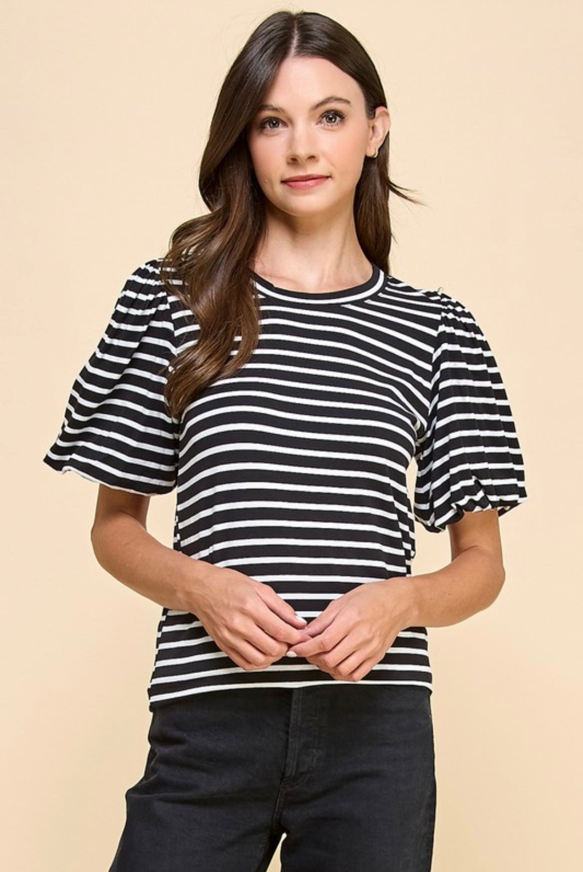 Striped Knit Top with Puff Sleeves