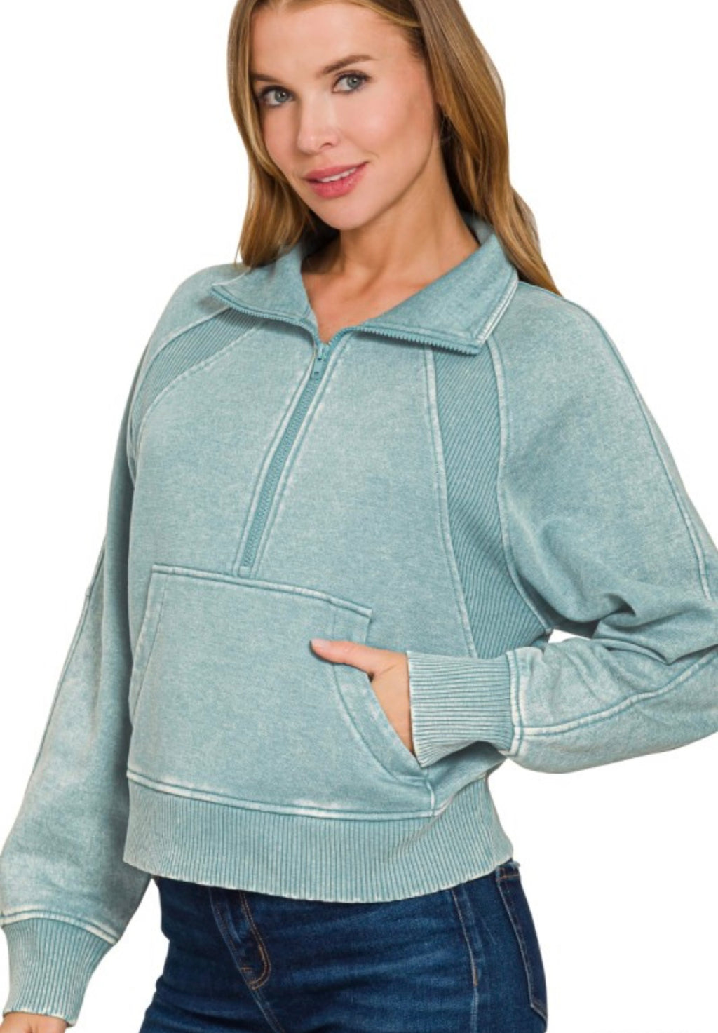 Acid Wash Half-Zip Fleece Pullover with Pocket