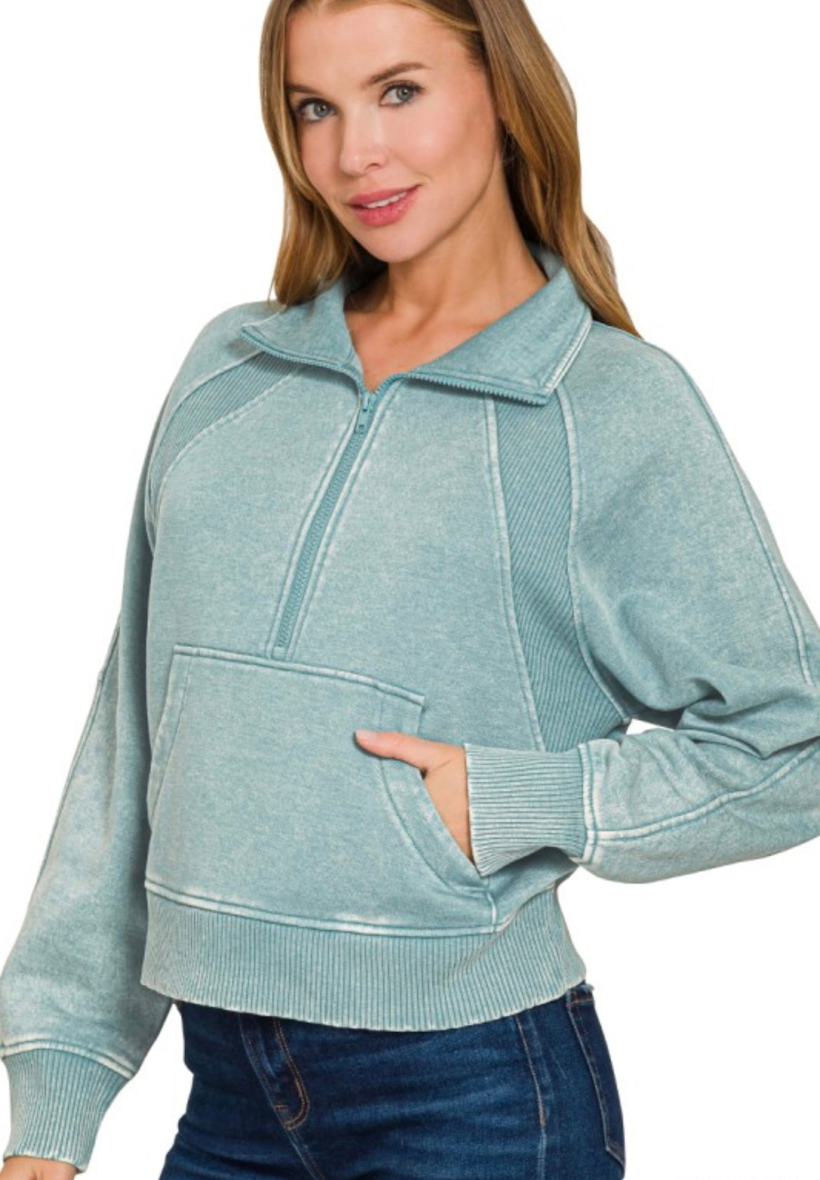 Acid Wash Half-Zip Fleece Pullover with Pocket