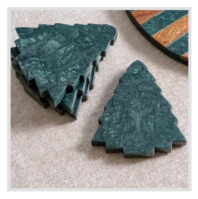S/4 Green Marble Tree Coasters