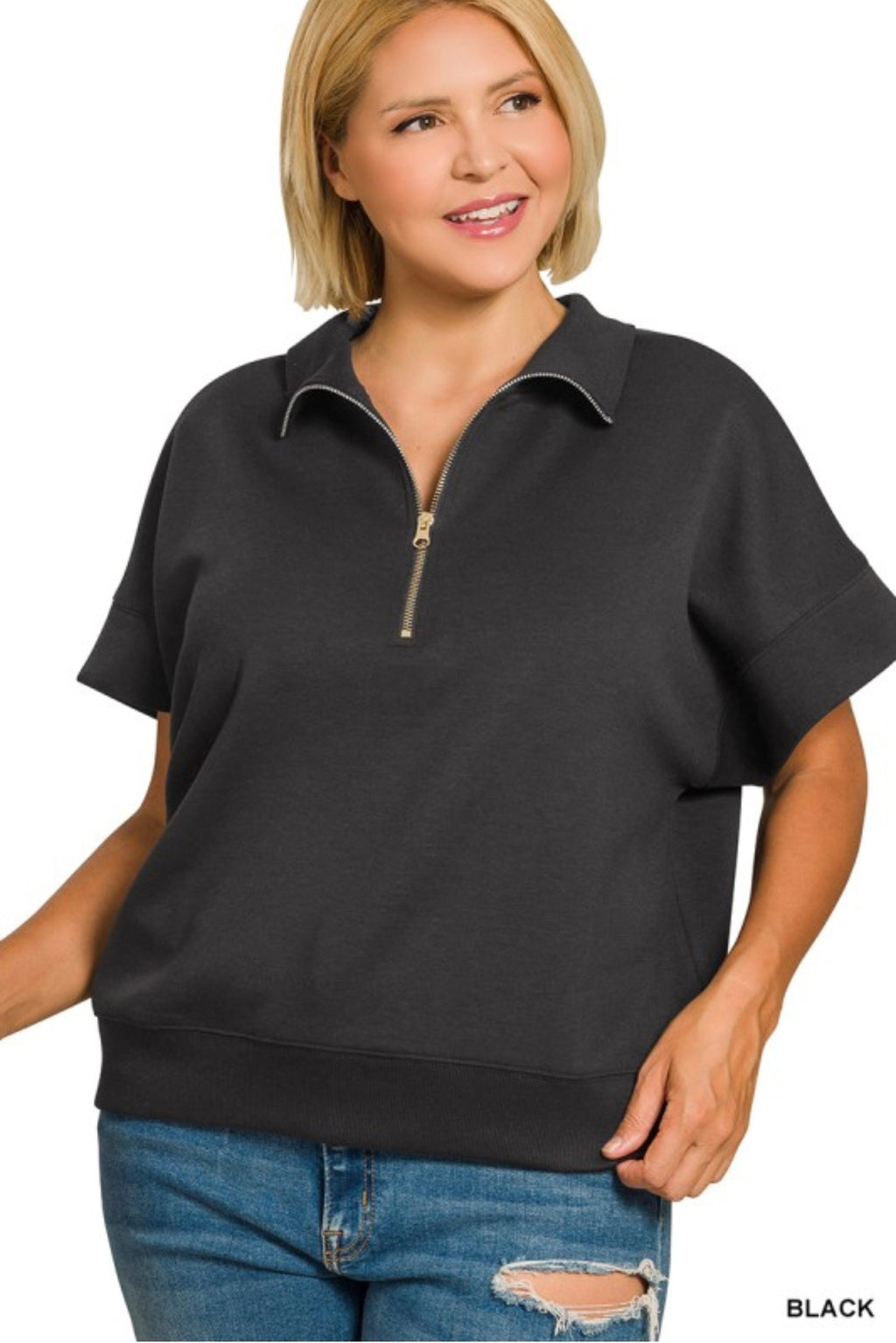 Curvy Scuba High Neck Half Zip Short Sleeve Pullover
