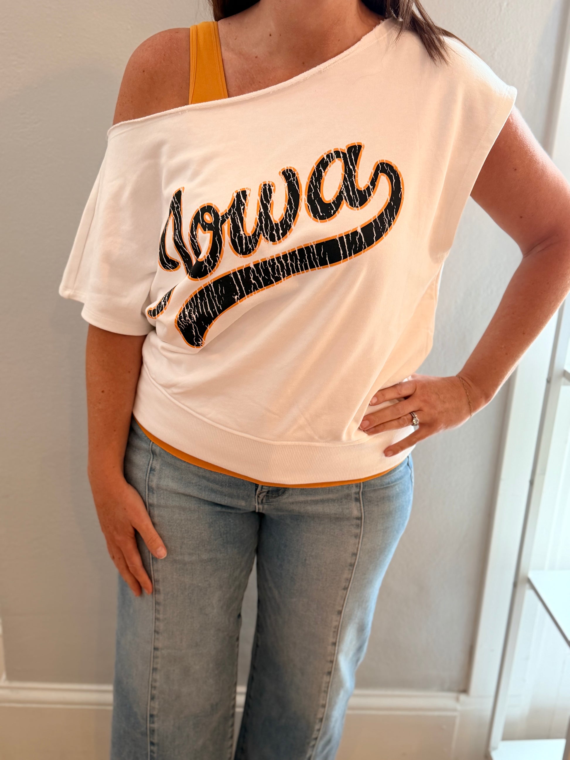 Iowa French Terry Short Sleeve Off Shoulder Sweatshirt Game Day