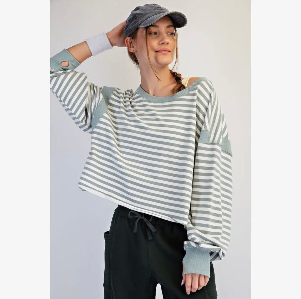 Striped Terry Open Back Long Sleeve Top