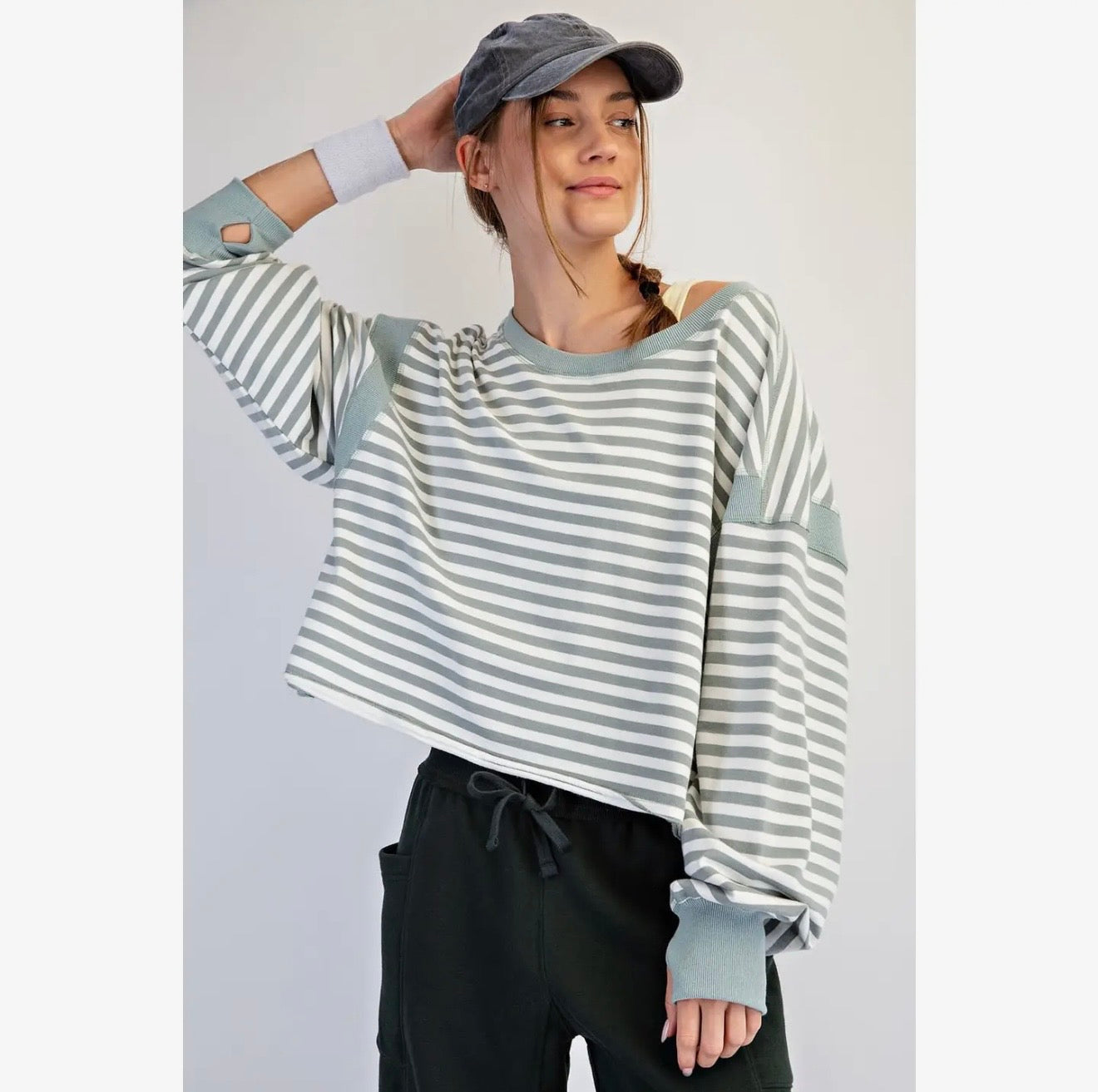 Striped Terry Open Back Long Sleeve Top