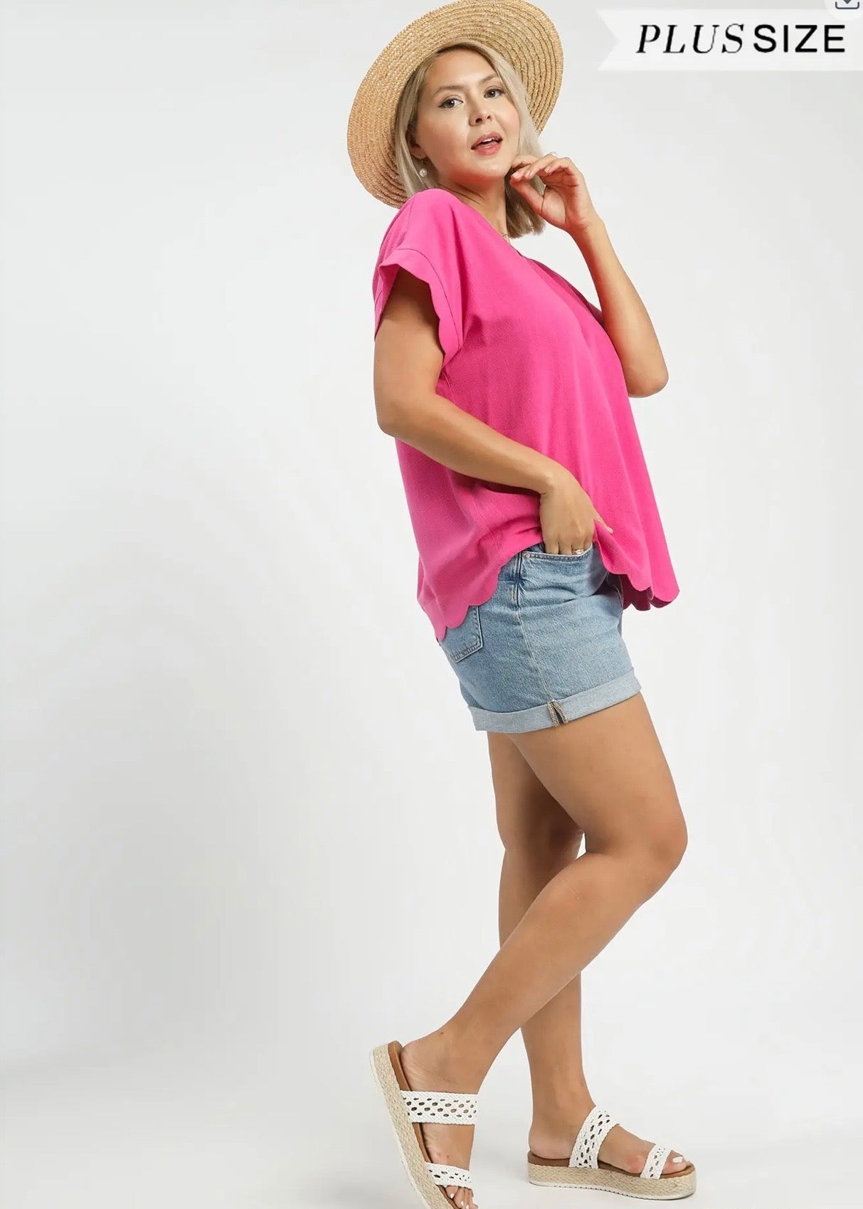Curvy Scallop Hem Linen Blend Top