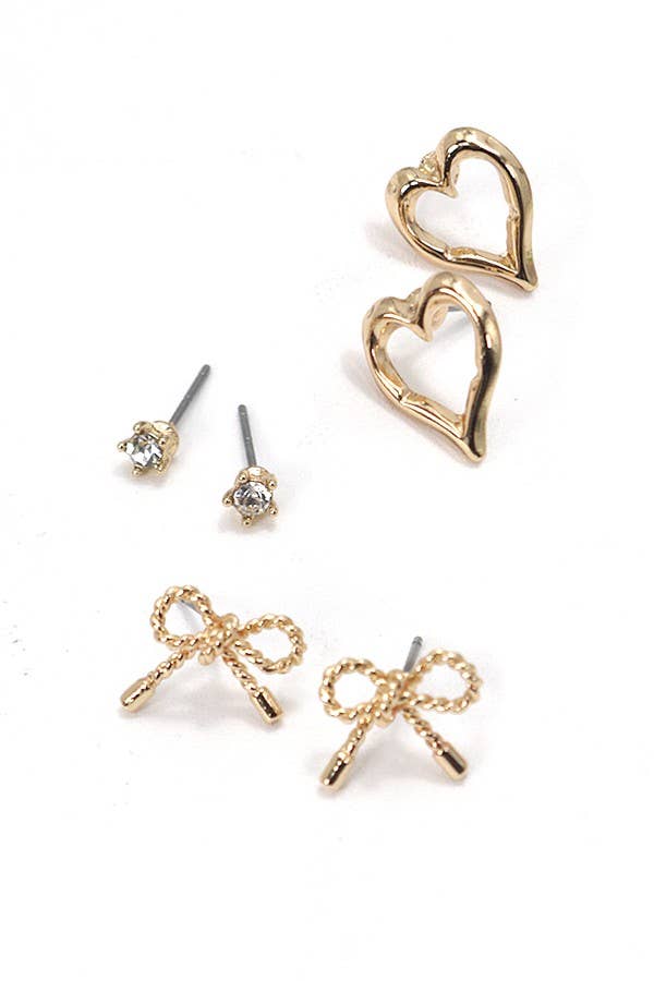 BOW HEART CHARM STUD EARRINGS SET