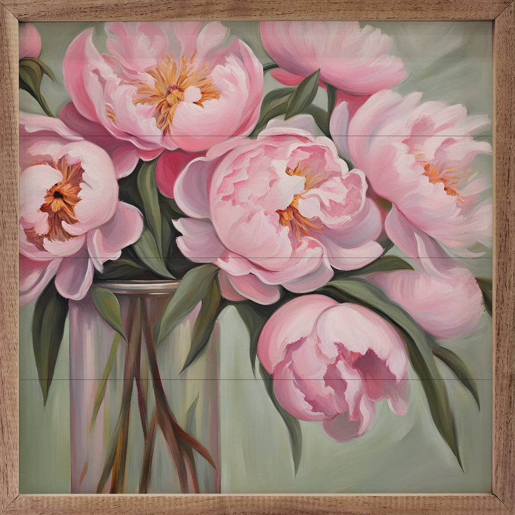 Pink Peony Bouquet Vase Wooden Sign 8 x 8