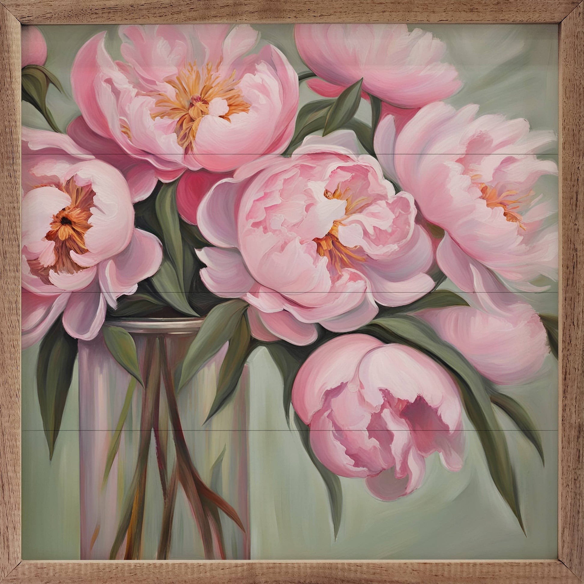 Pink Peony Bouquet Vase Wooden Sign 8 x 8
