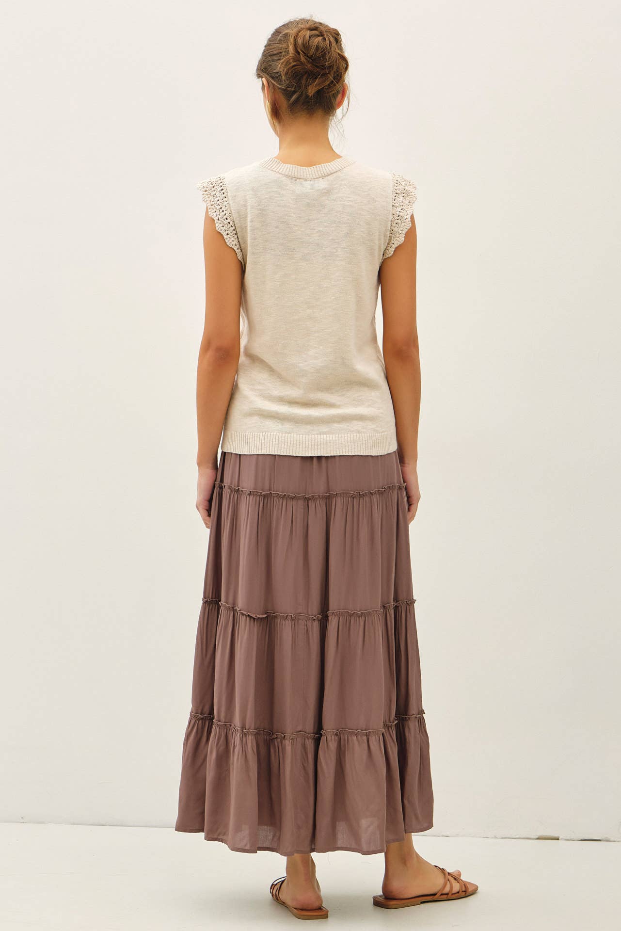 Crochet Ruffle Cap Sleeve Slub Knit Tank Sweater