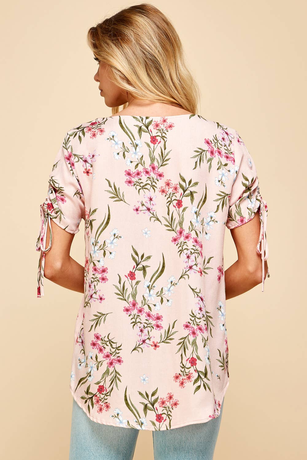 Floral Printed Top with Ruched Sleeves
