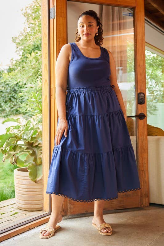 Curvy Sleeveless Knit Tank Poplin Skirt Mixed Media Dress