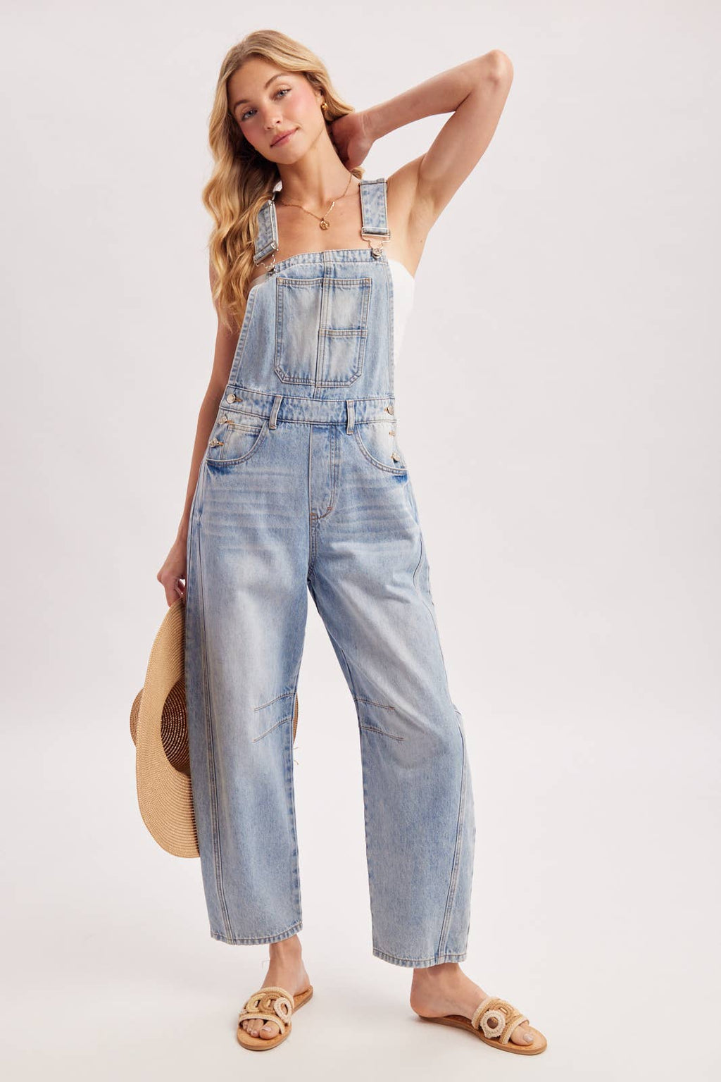 DENIM MINI BARREL OVERALLS