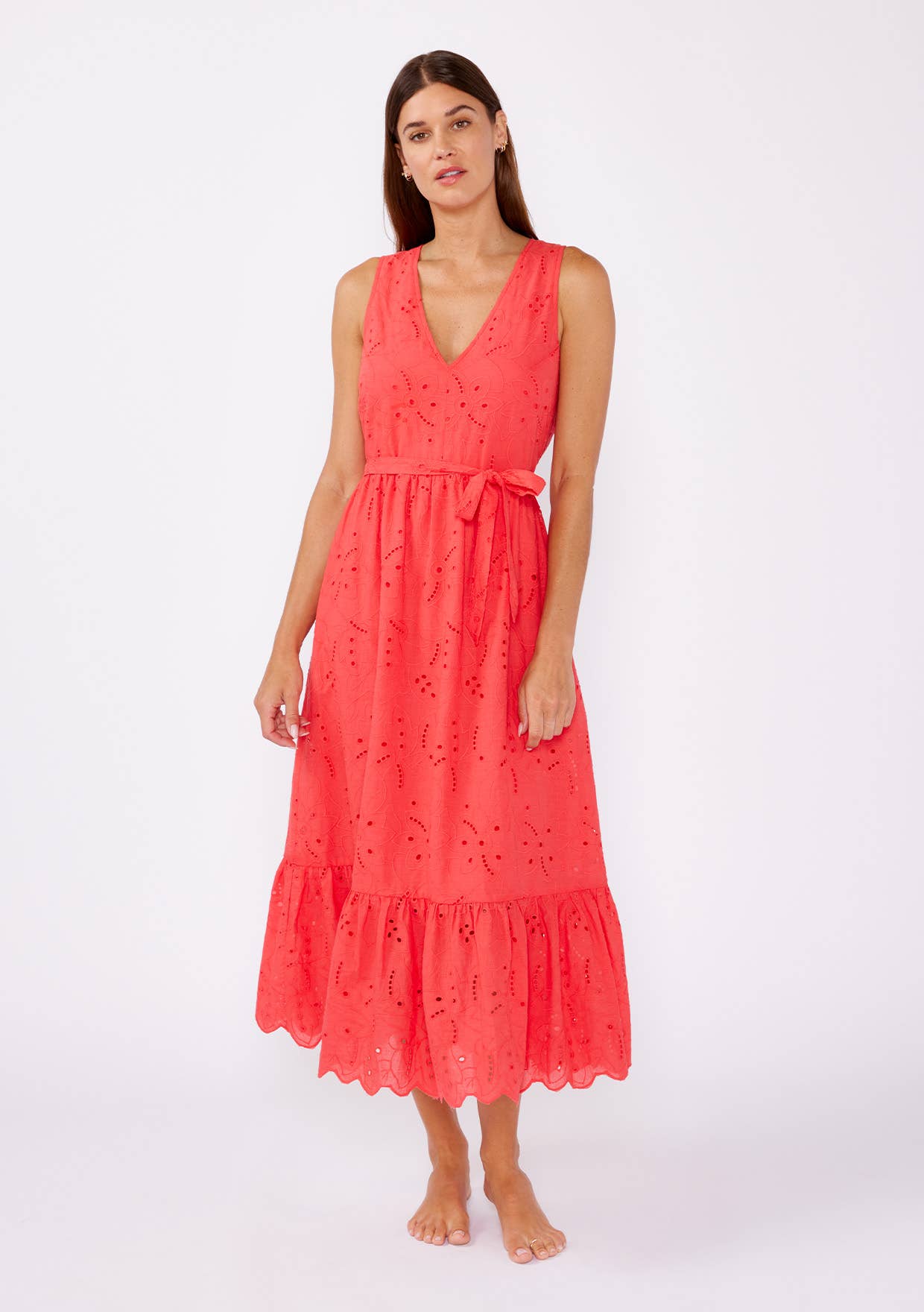 V-Neck Eyelet Midi Dress with Waist Belt