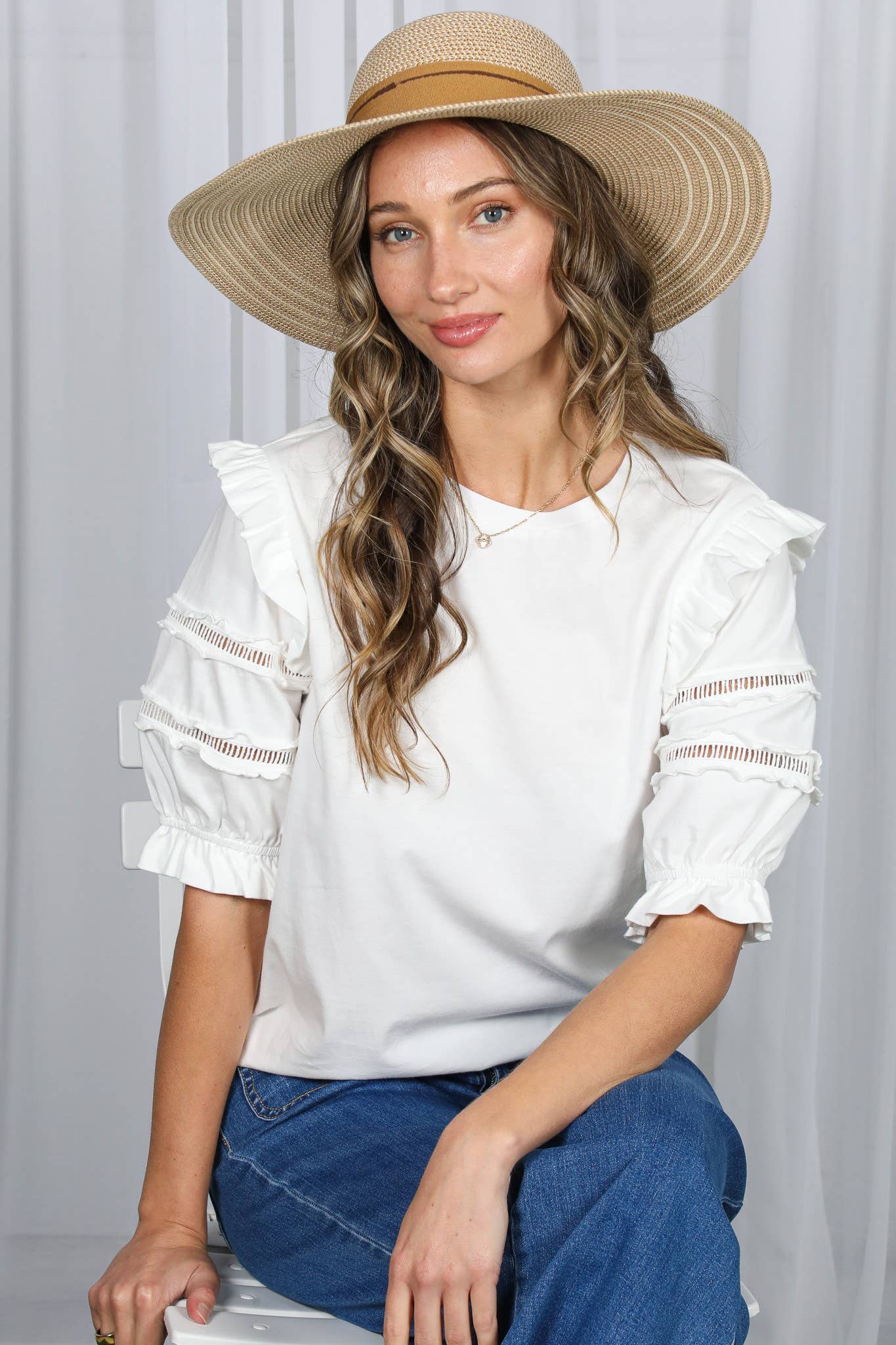 Crew Neck Ladder Trim Inset Blouse