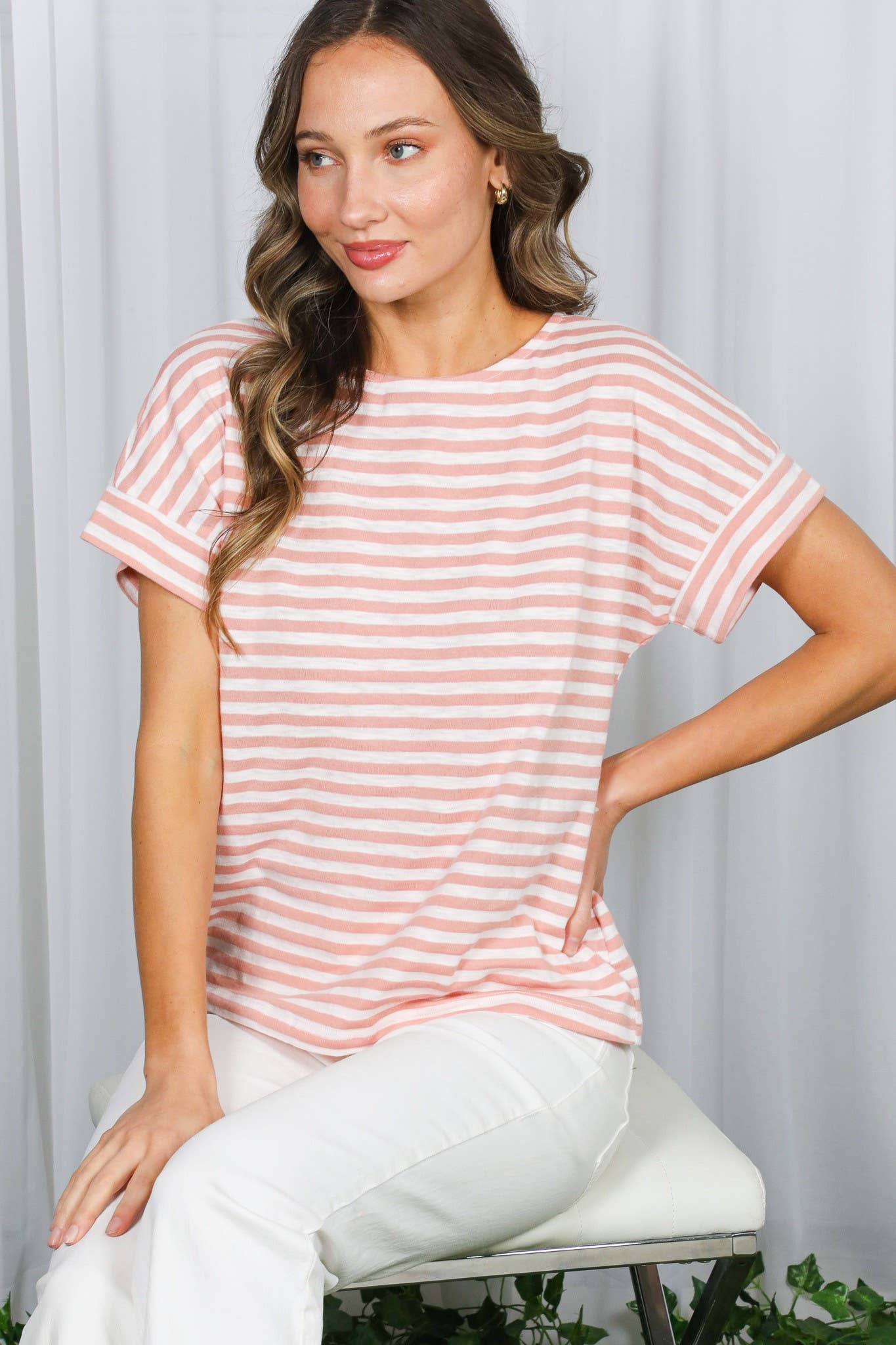 Striped Short Dolman Boat Neck Knit Top