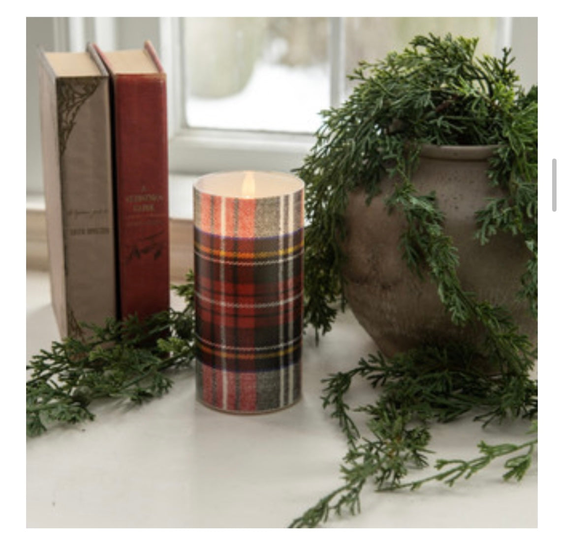 6" White Tartan Plaid LED Candle