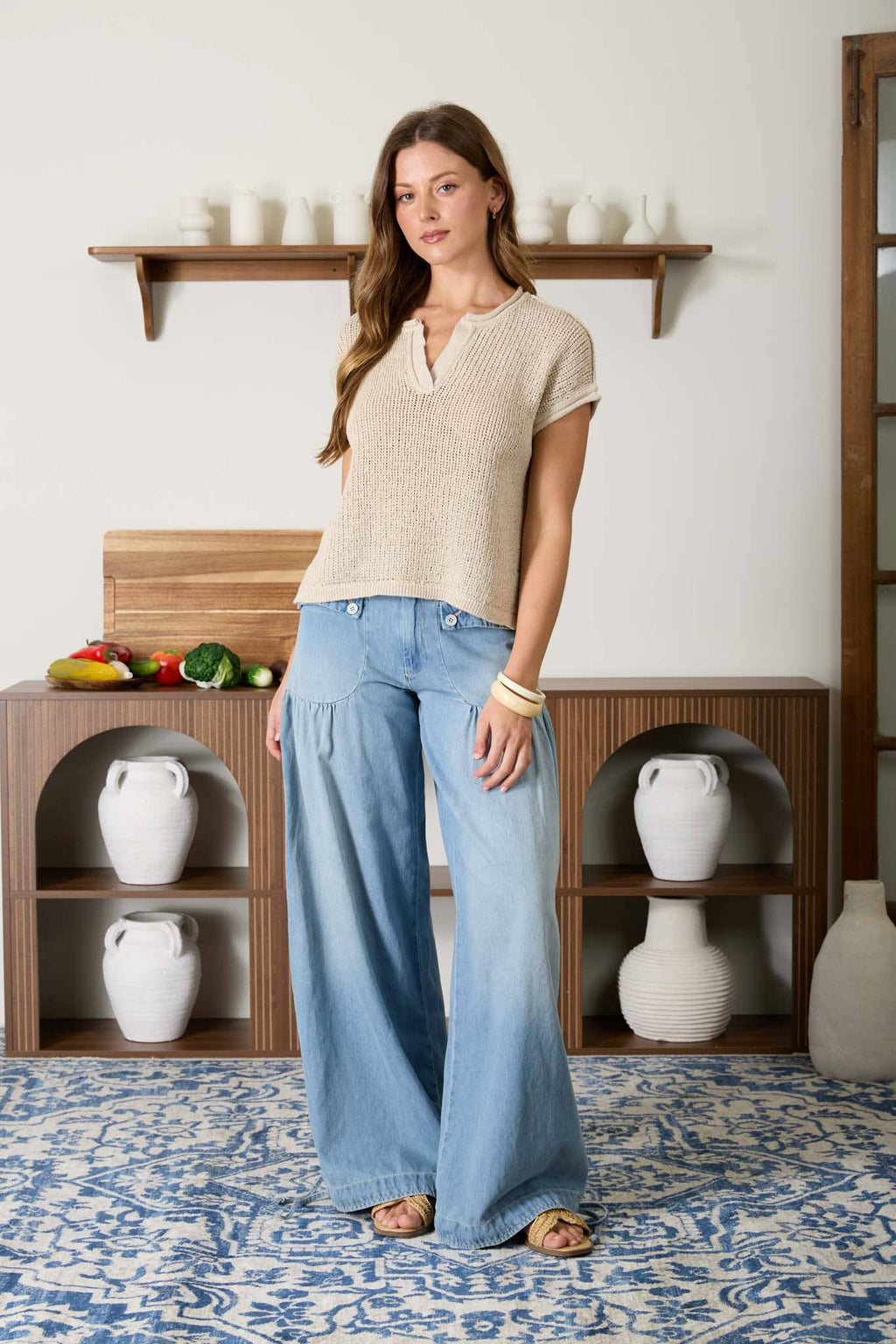 Split Neck Short Sleeve Knit Top