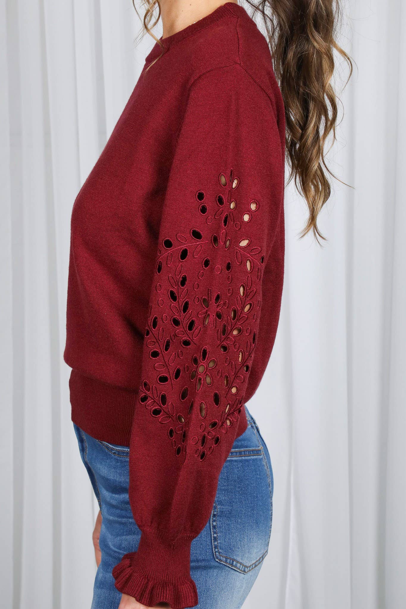 Crewneck Long Sleeve Cutwork Embroidered Sweater