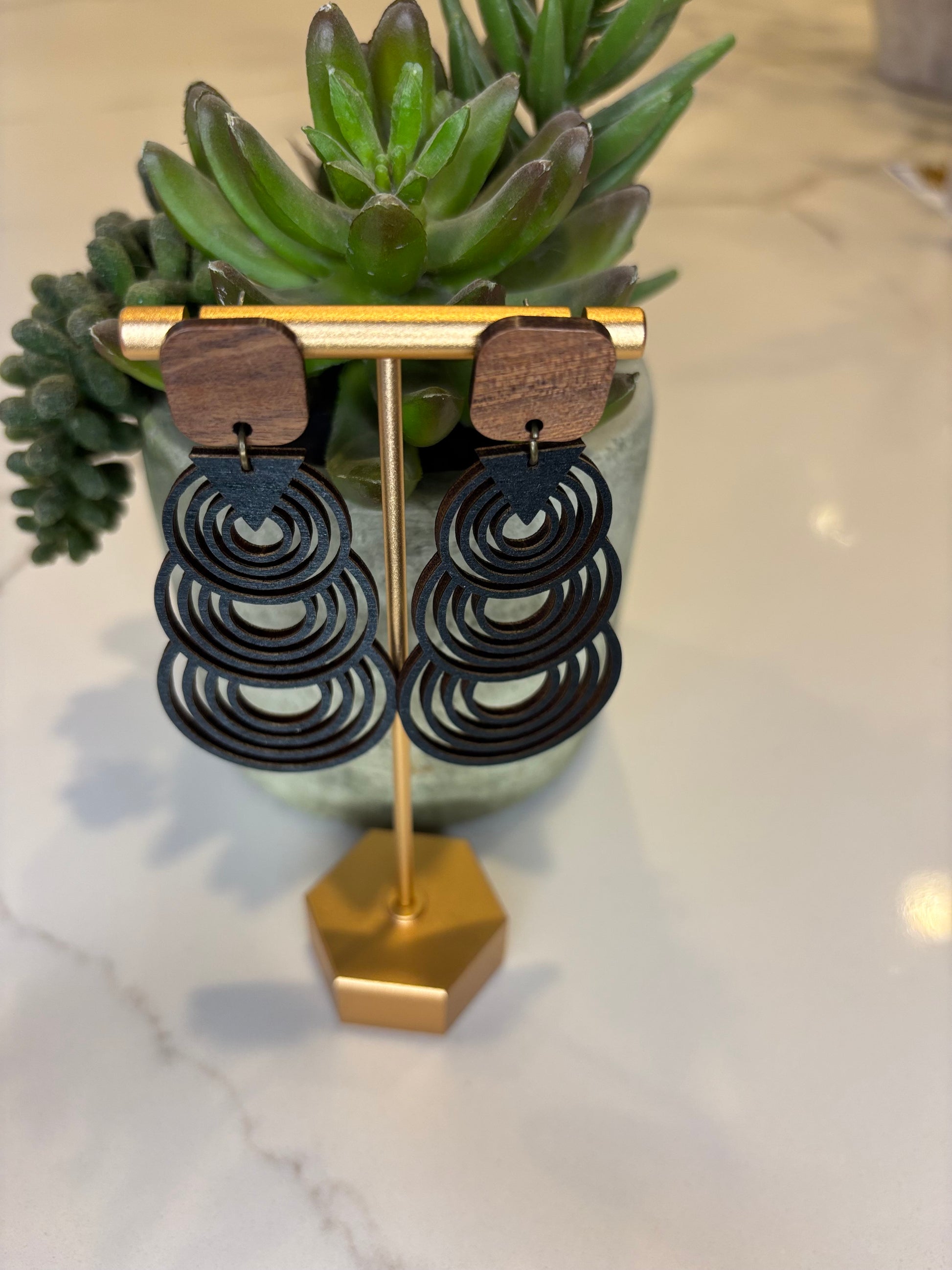 Large Black Wood Cutout Circular Dangle Earrings
