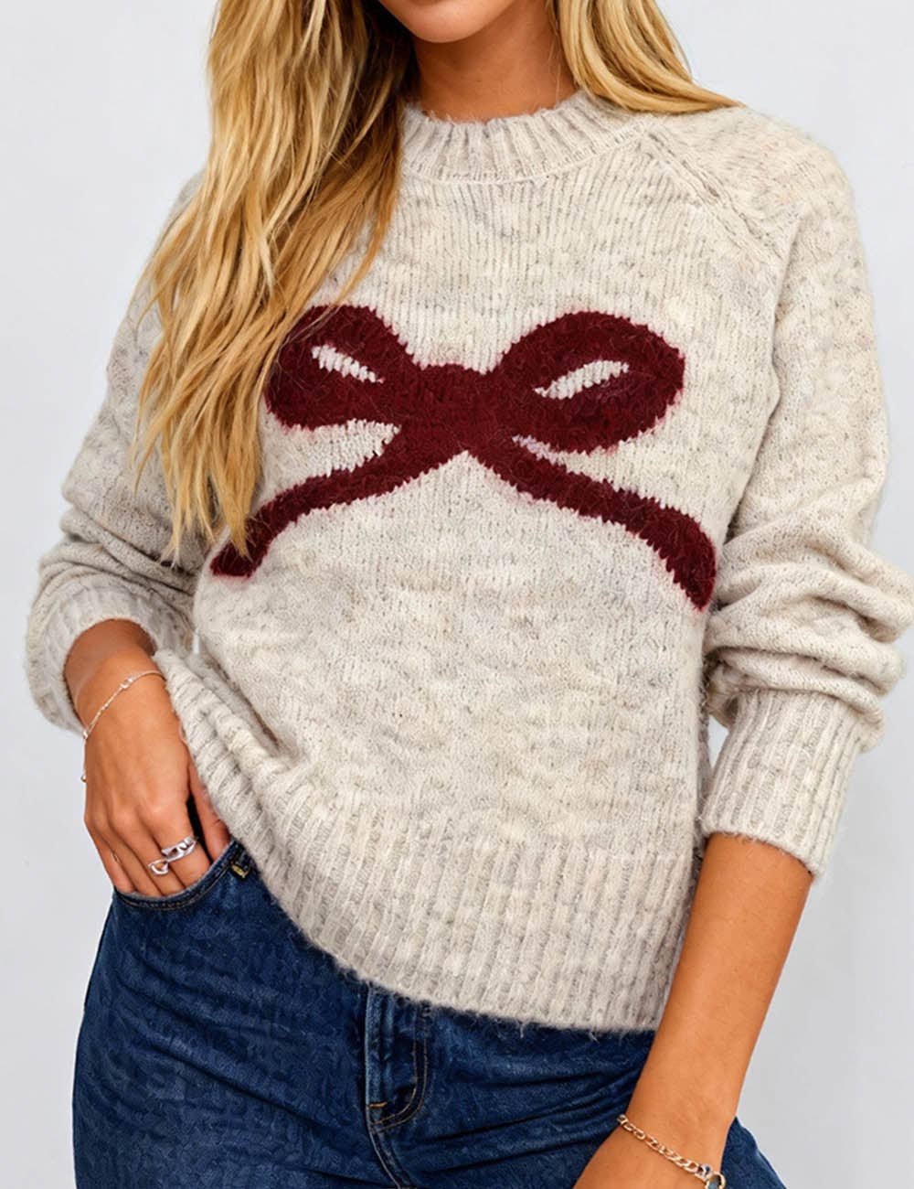 Ladies Round Neck Bow Pattern Ribbed Trim Knit Sweater