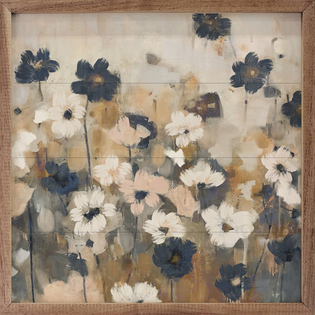 Abstracted Florals 2 Neutral Wooden Sign 12 x 12