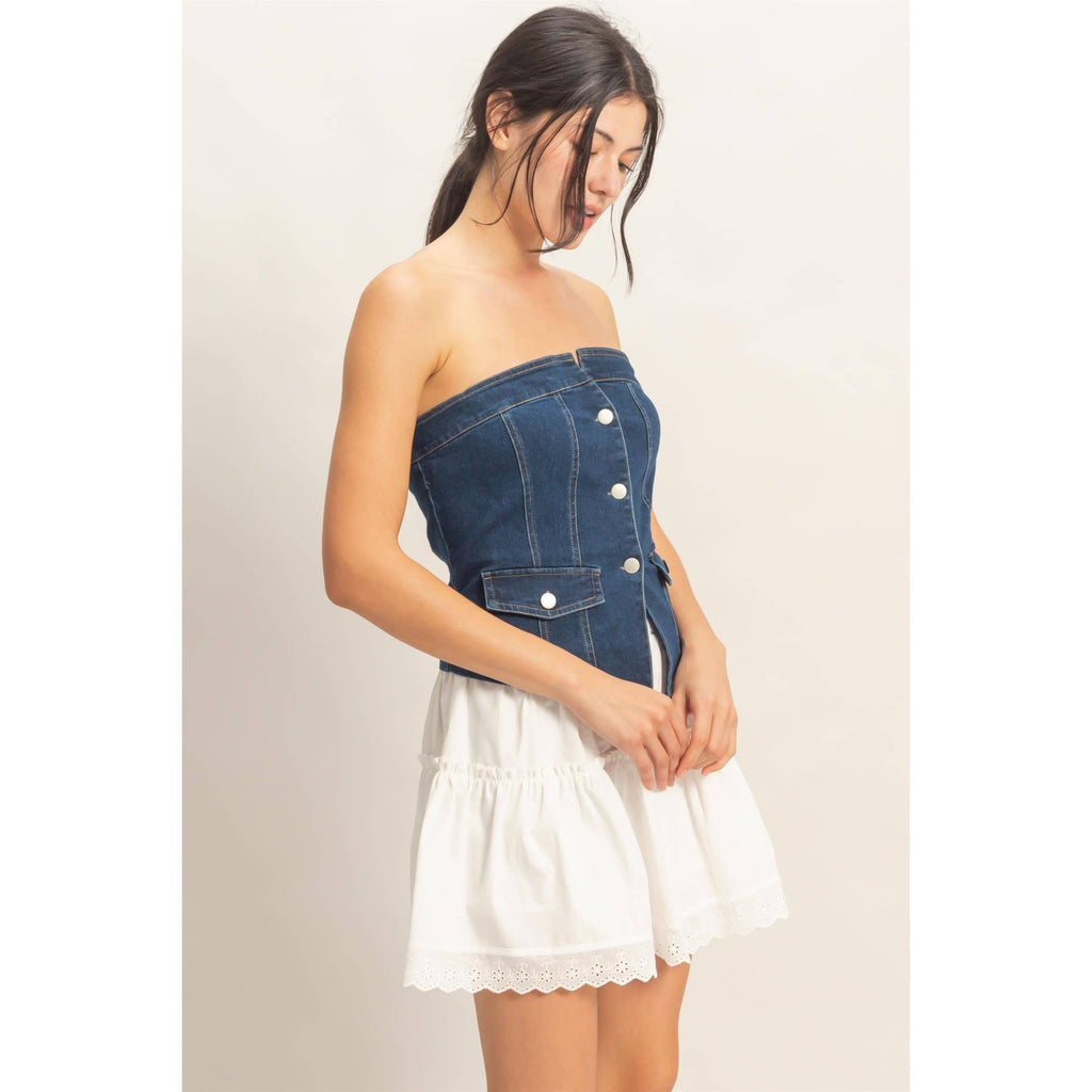 Strapless Button-Up Denim Top