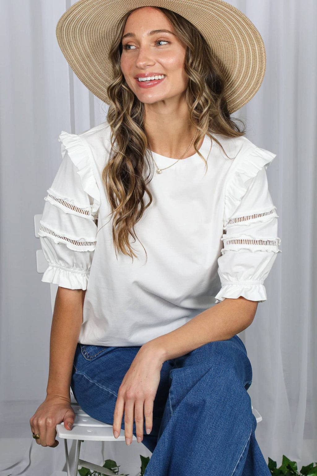 Crew Neck Ladder Trim Inset Blouse