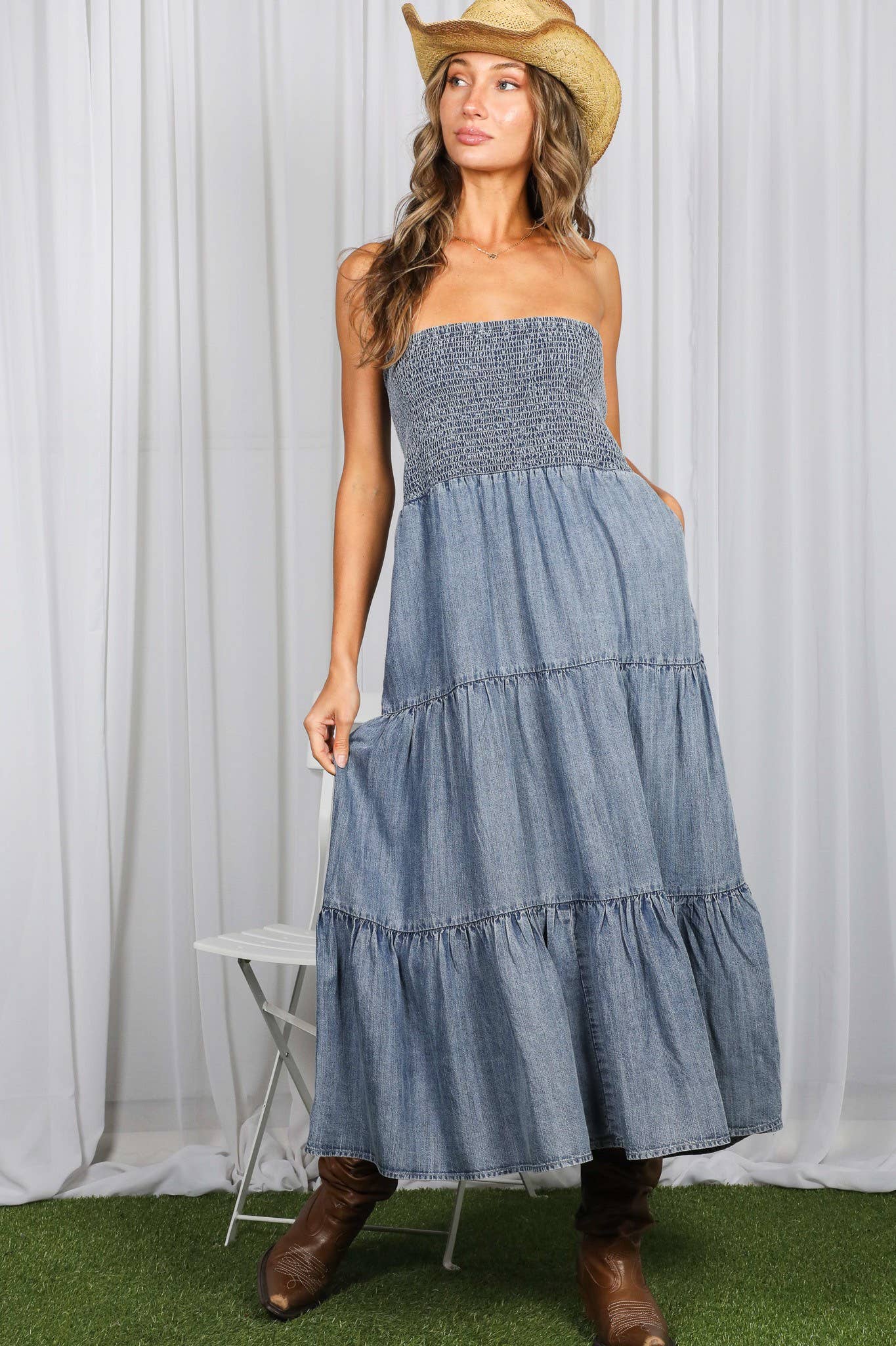 Tube Top Chambray Denim Sleeveless Flowy Pocket Dress
