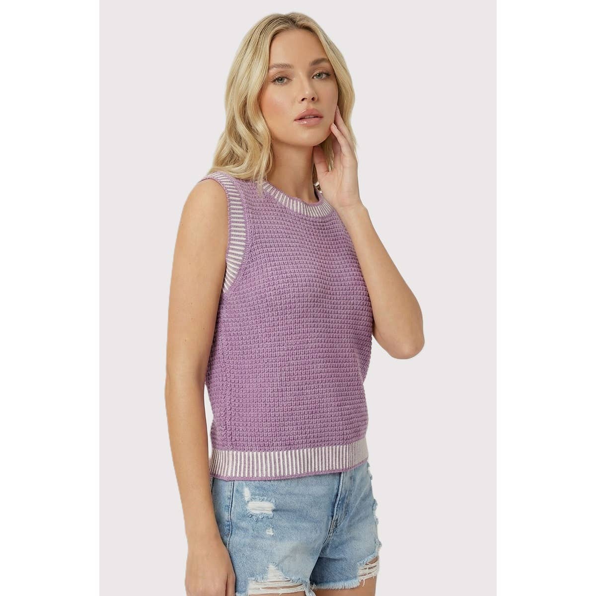 COLOR ACCENTED RIB WAFFLE SWEATER