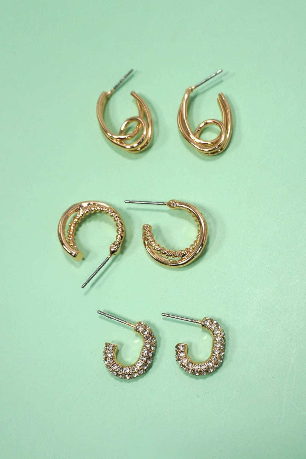TRIO HUGGIE HOOP RHINESTONE TITANIUM POST EARRINGS