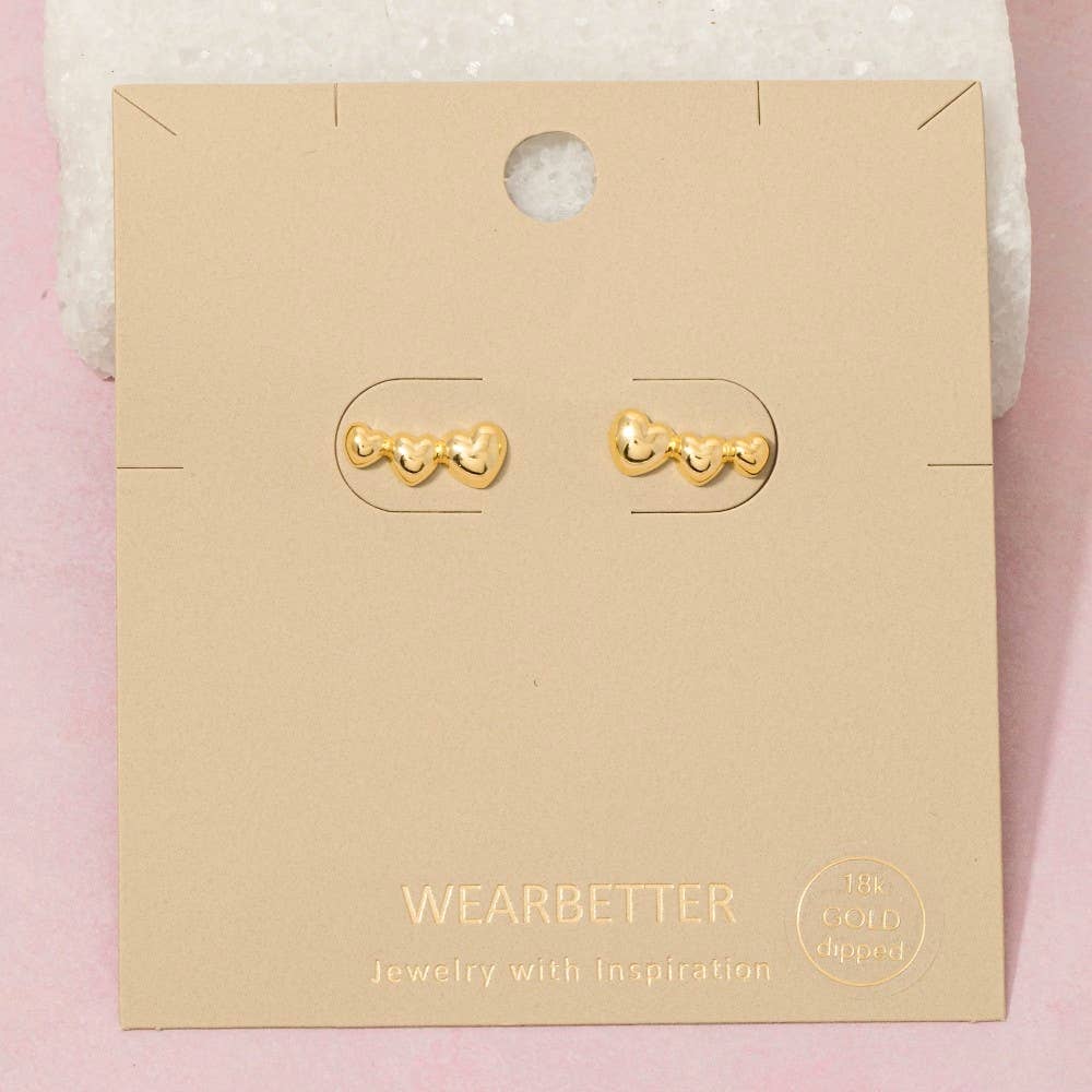 Gold Dipped Triple Heart Bar Stud Earrings