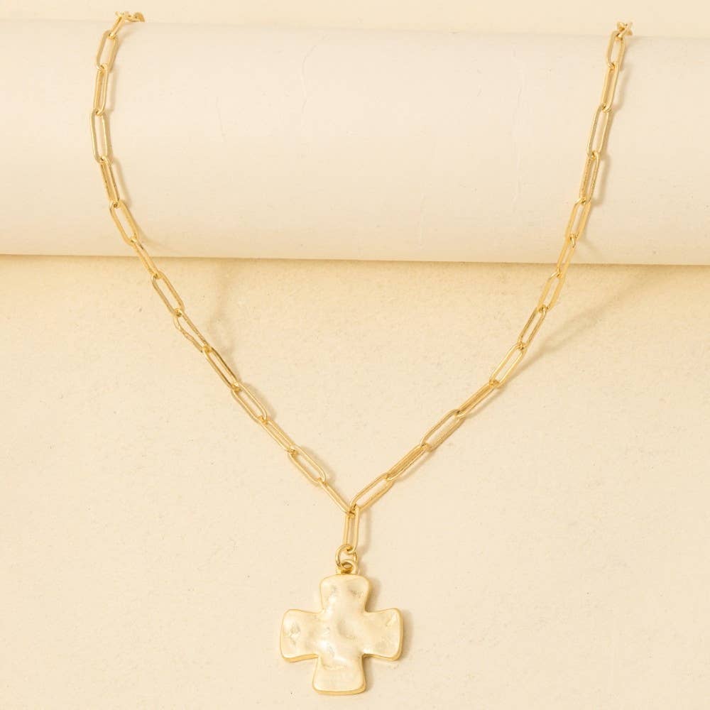 Vintage Gold Dipped Hammered Cross Pendant Necklace