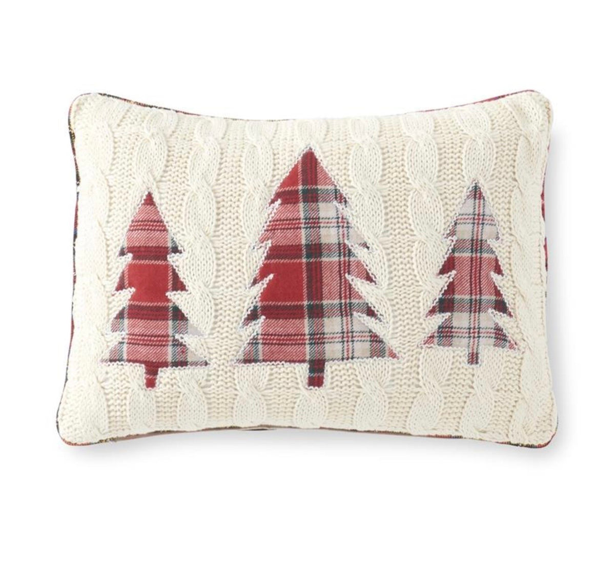 14" x 20" Cream + Plaid Trees Cable Knit Lumbar Pillow