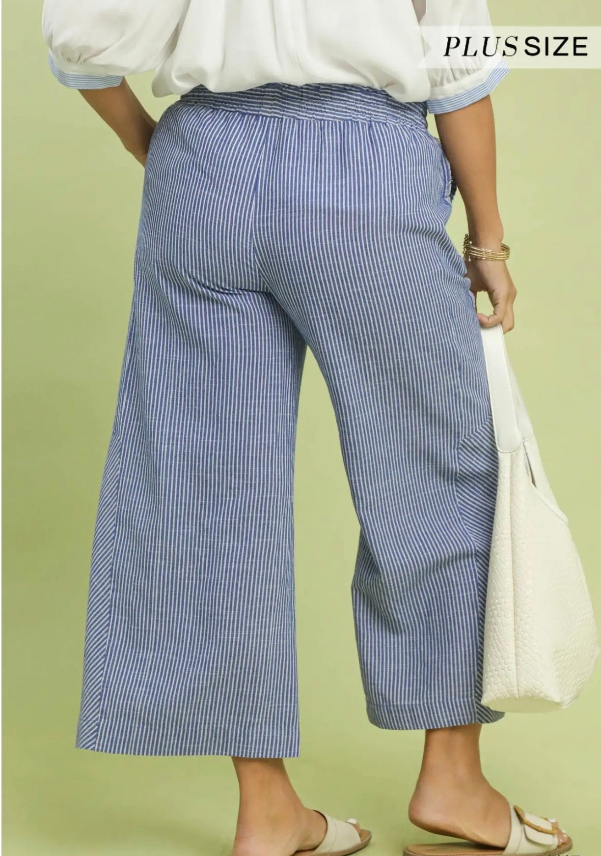 Curvy Linen Blend Stripe Wide Leg Pants