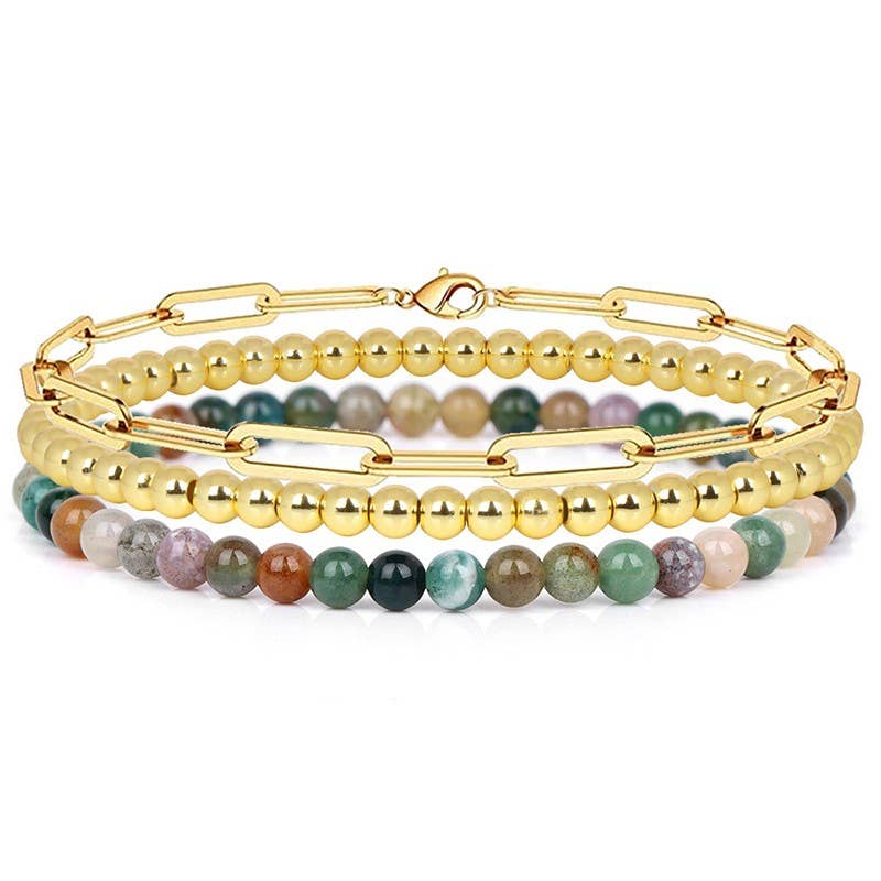 MULTI LAYER NATURAL STONE BALL CHAIN LINK BRACELET
