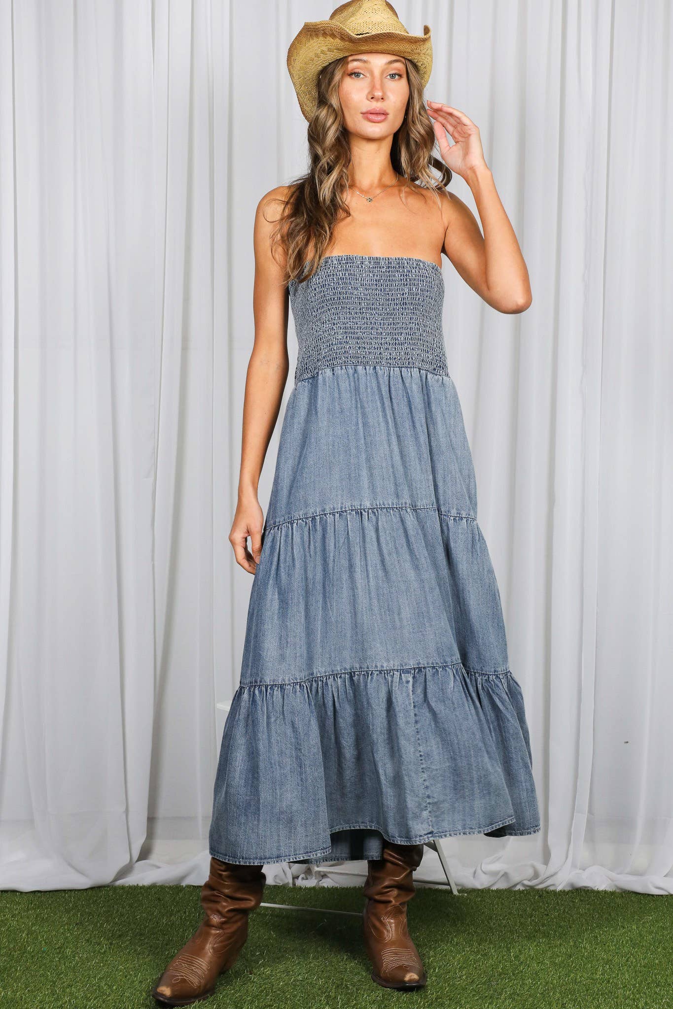 Tube Top Chambray Denim Sleeveless Flowy Pocket Dress
