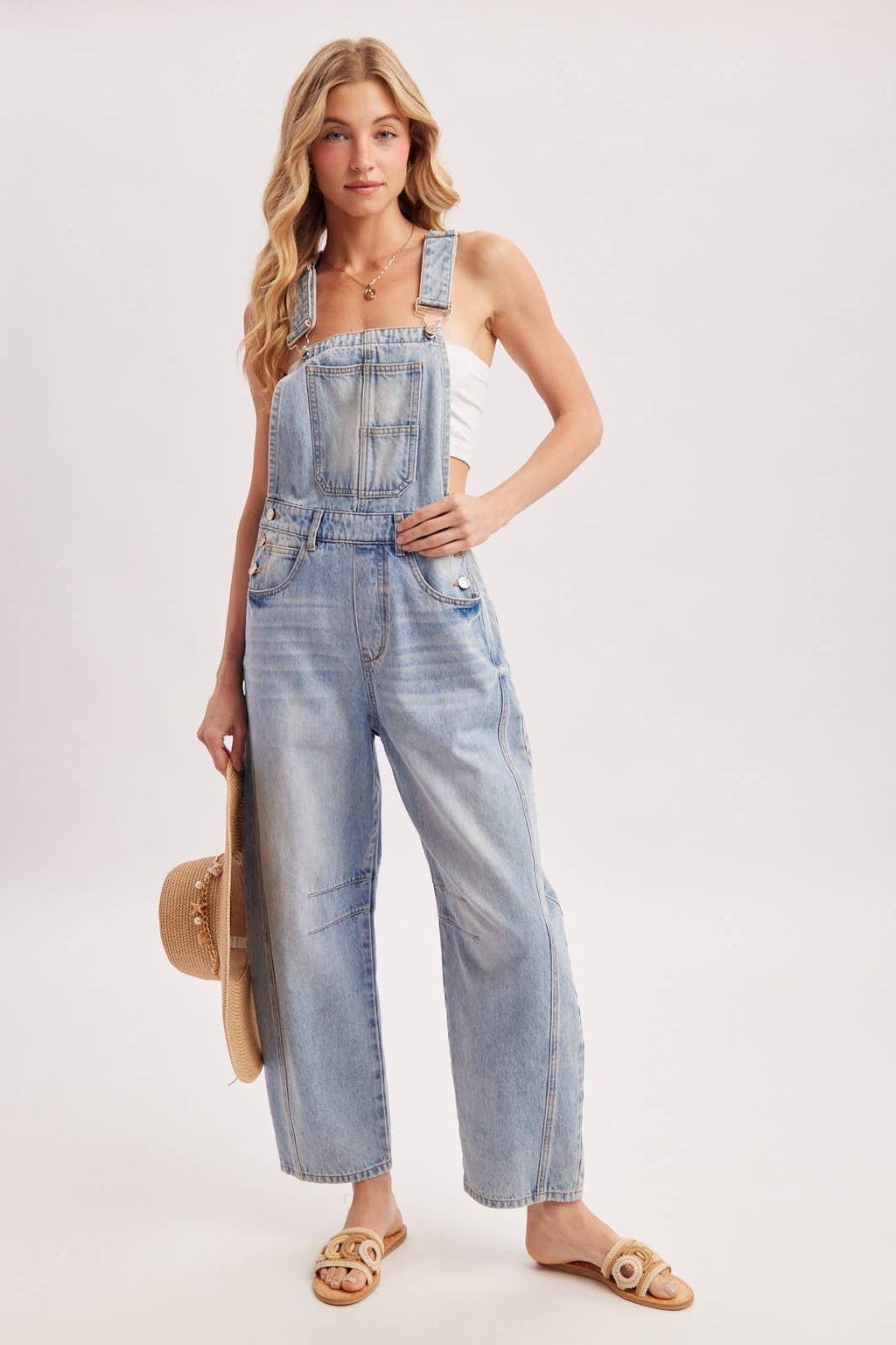 DENIM MINI BARREL OVERALLS