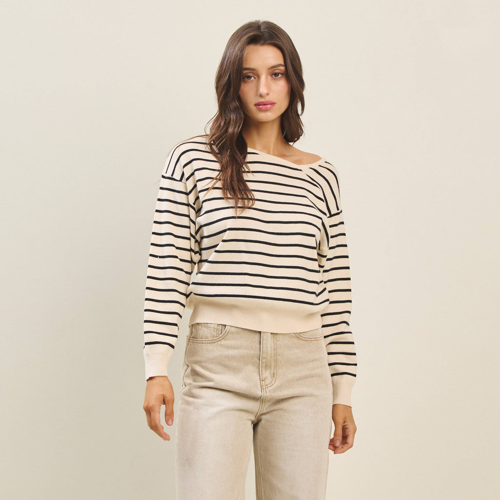 Asymmetric neckline striped sweater