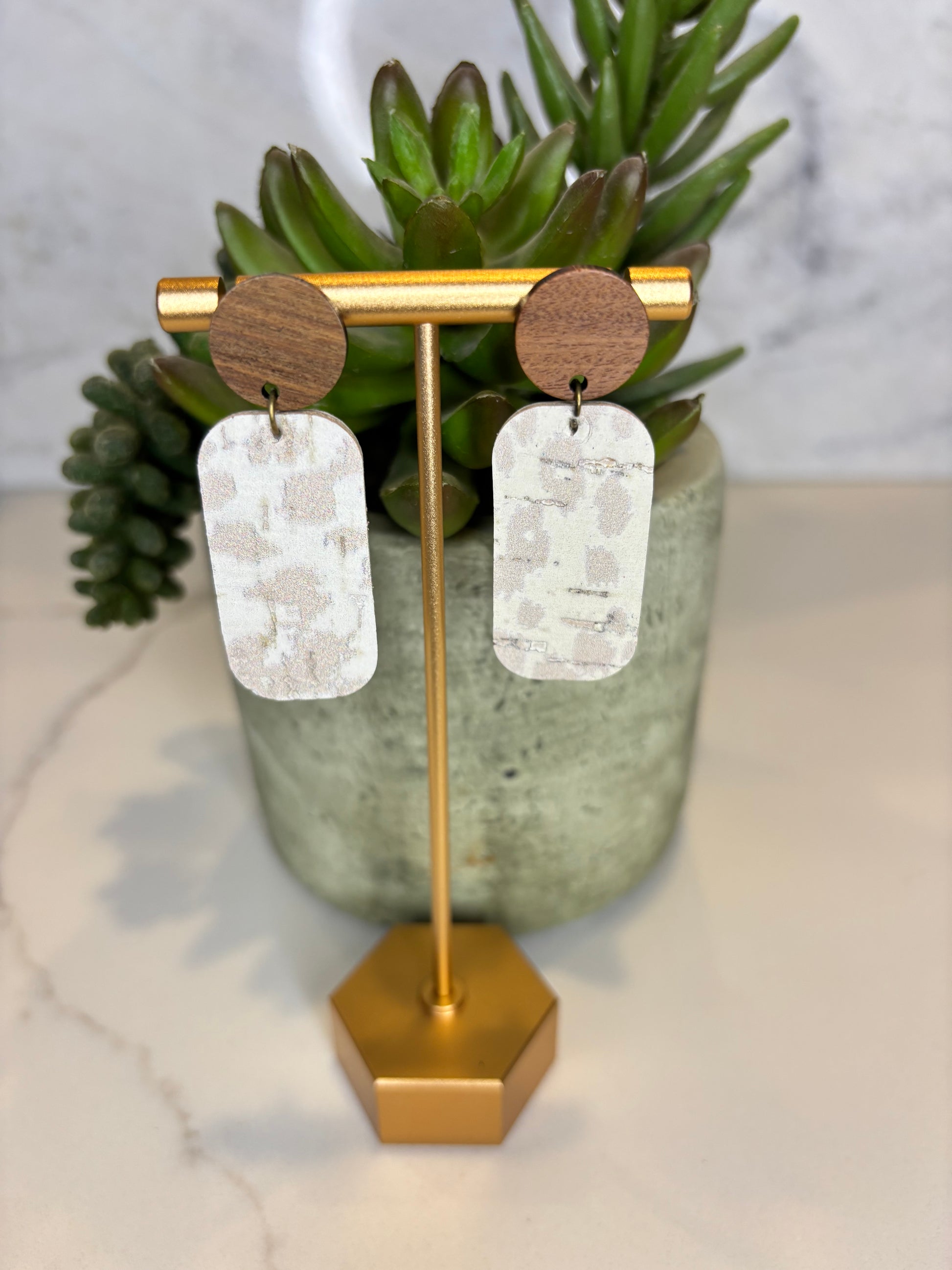 Rectangle White animal print leather earrings