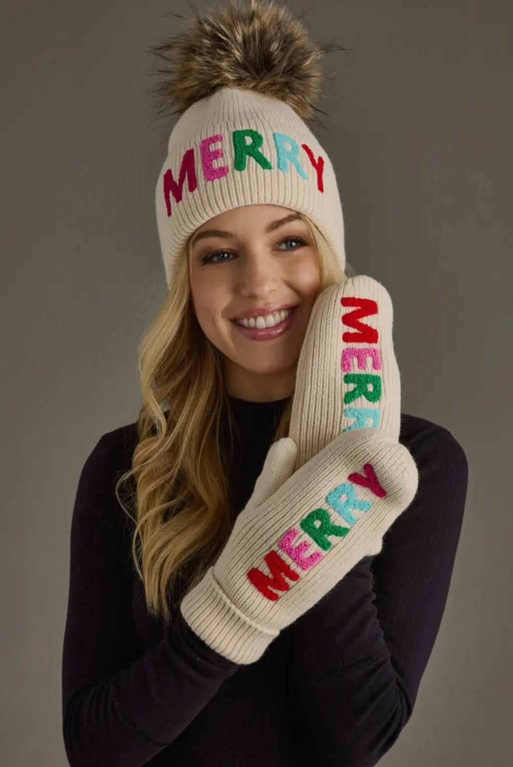 Beige Merry Knit Pom Hat